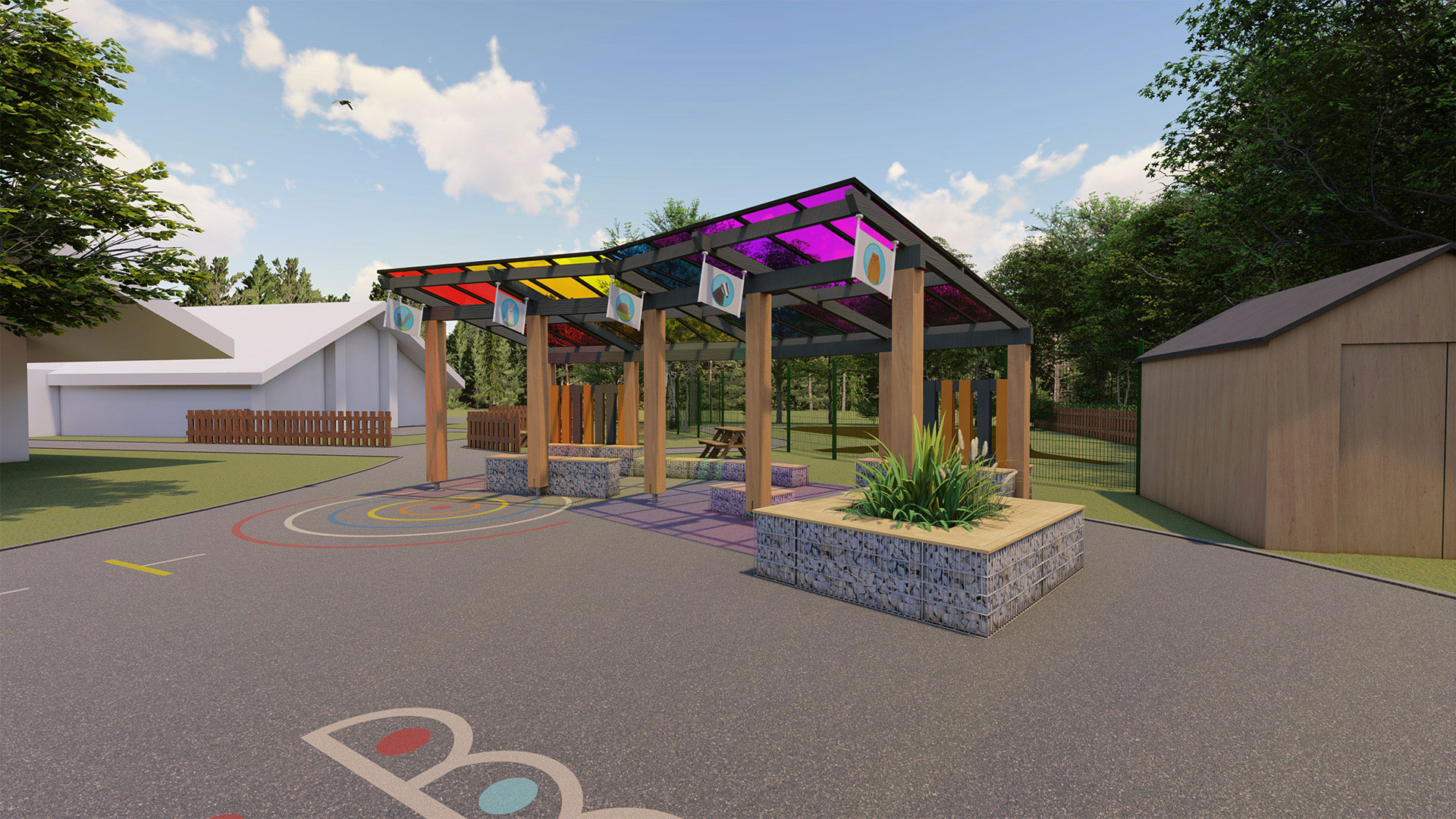visual for school playground shelter with colourful roof and school buildings behind