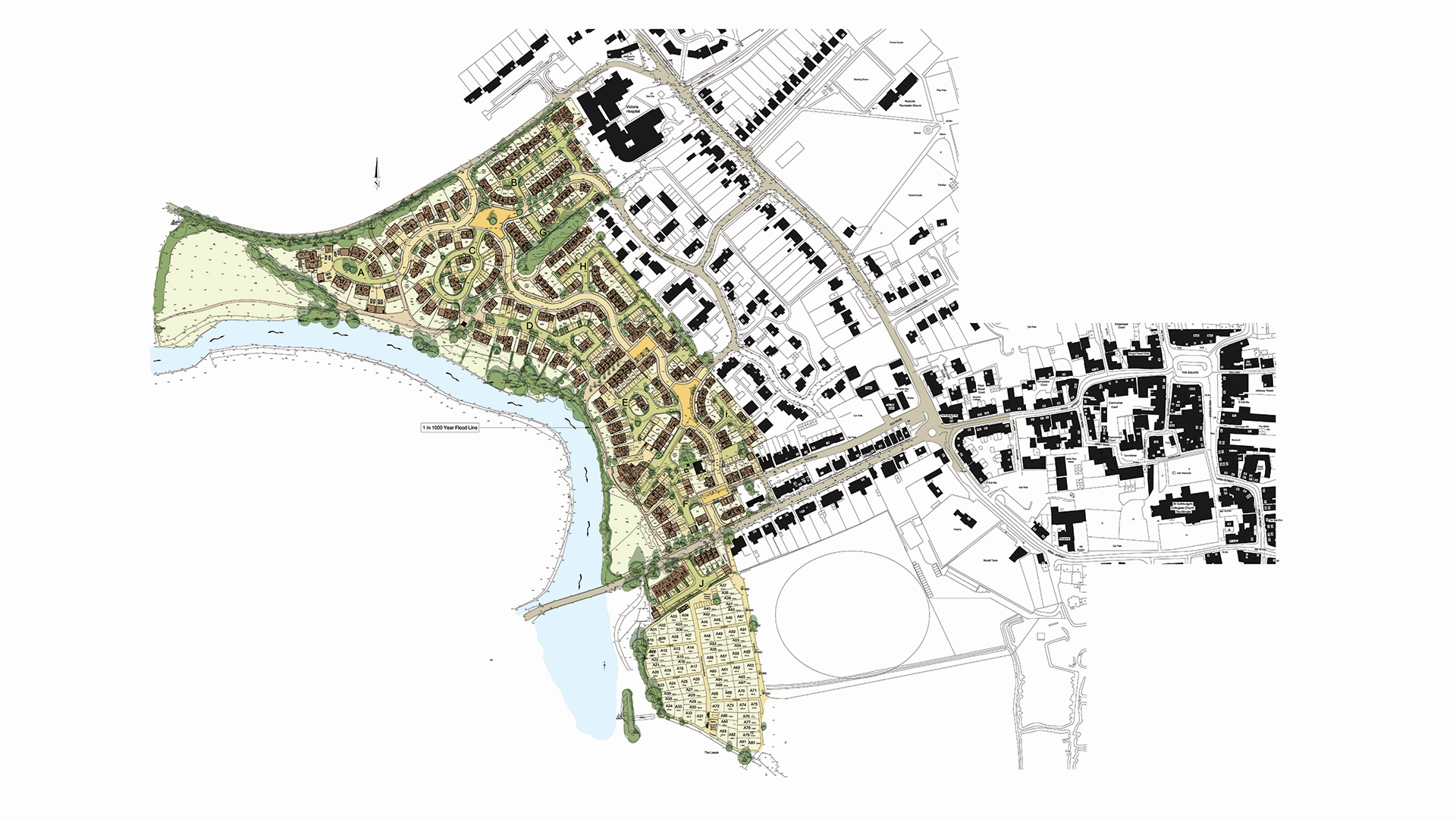 masterplan site plan of housing site next to river