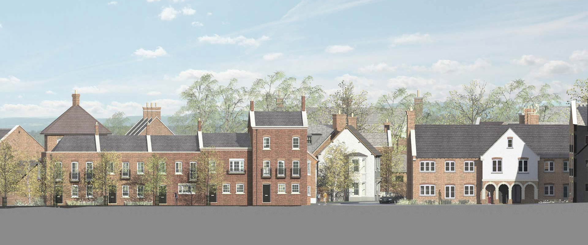 street elevation of terraced brick housing