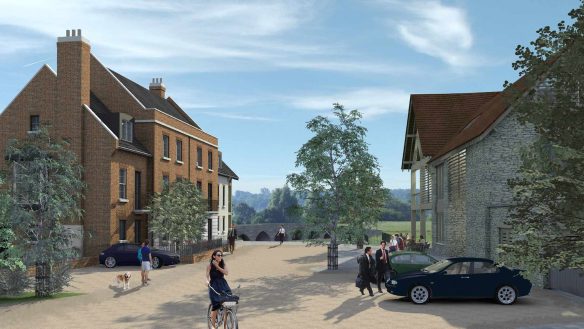 visual of street scene and houses with red brick