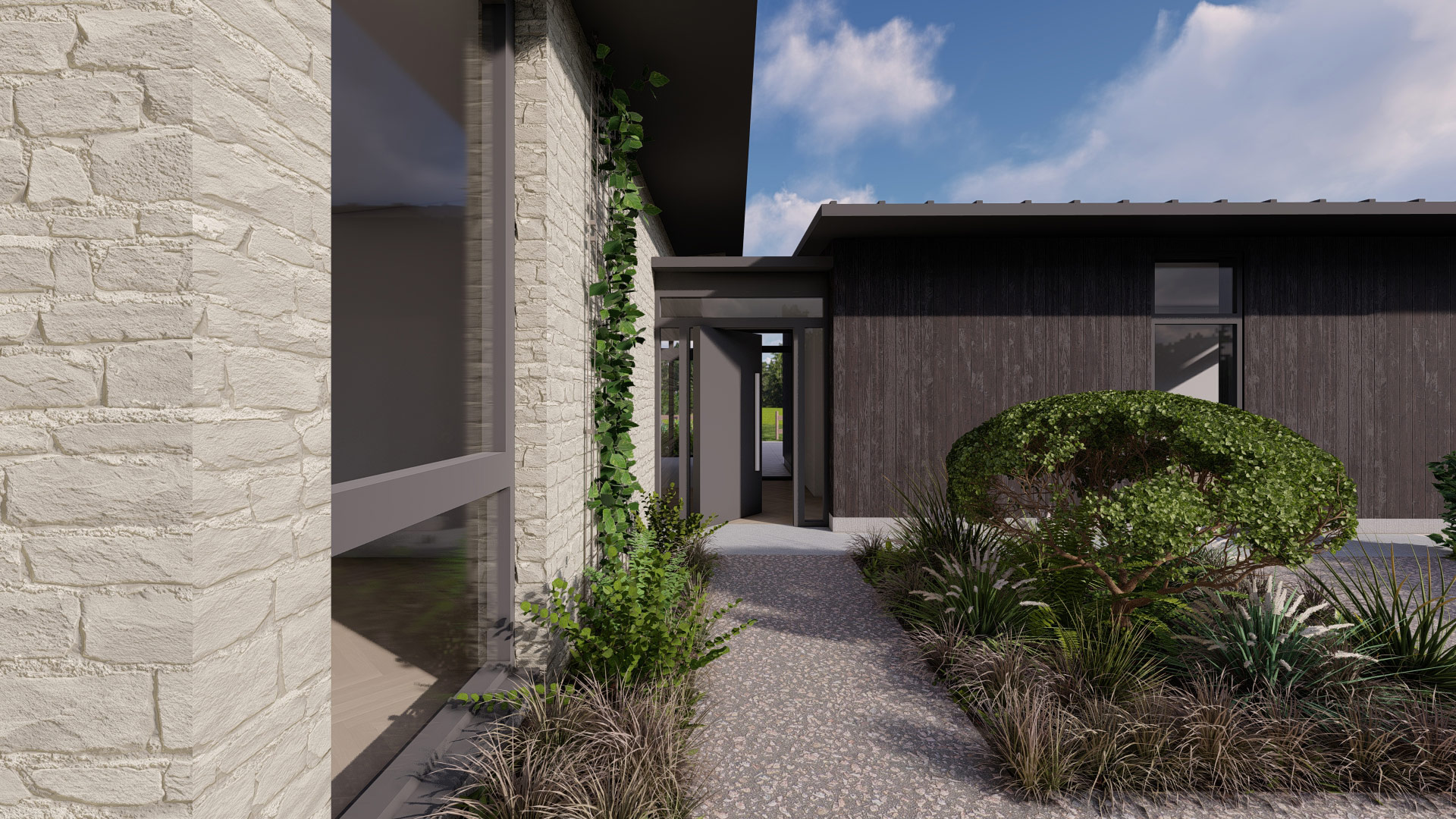 visual of entrance to house with glass link and wood cladding