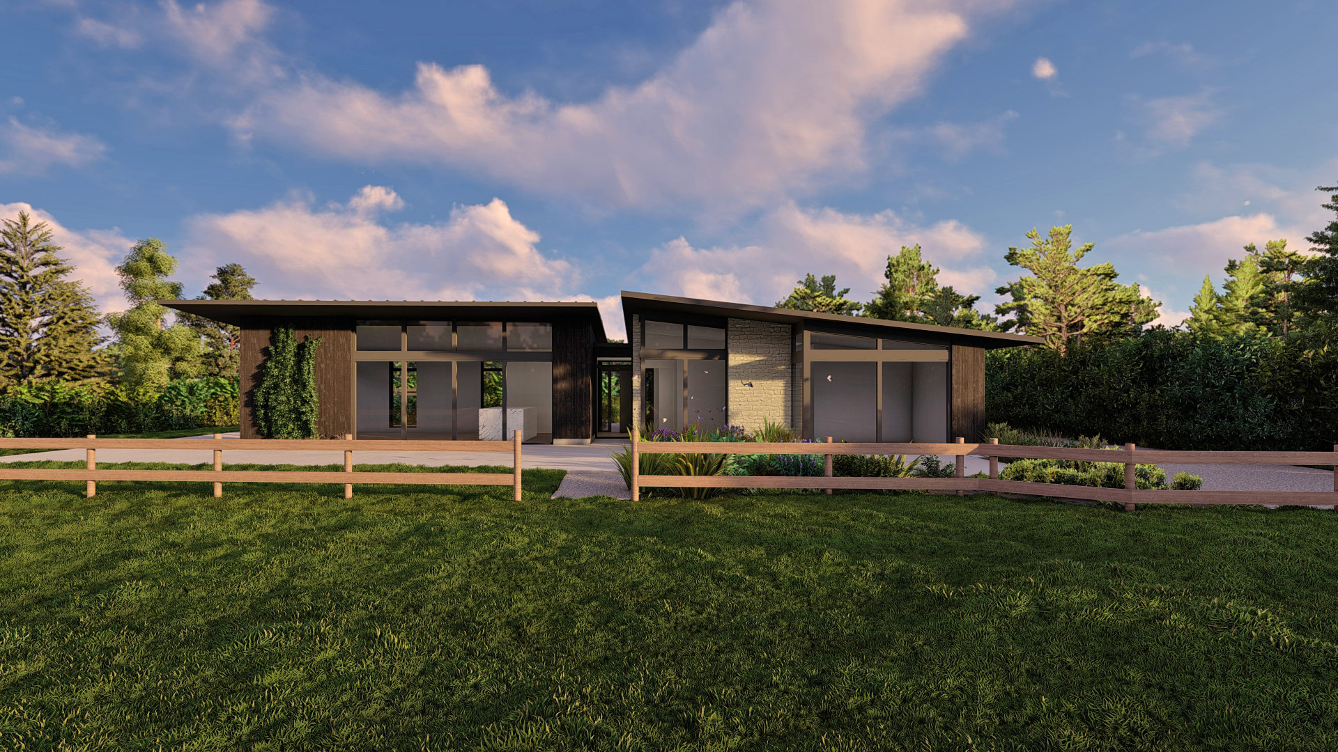 visual of rear view of house from garden with sloping roof at dusk