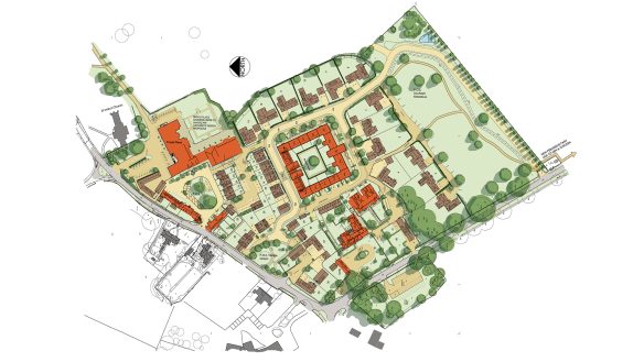 site plan of housing surrounded by green space