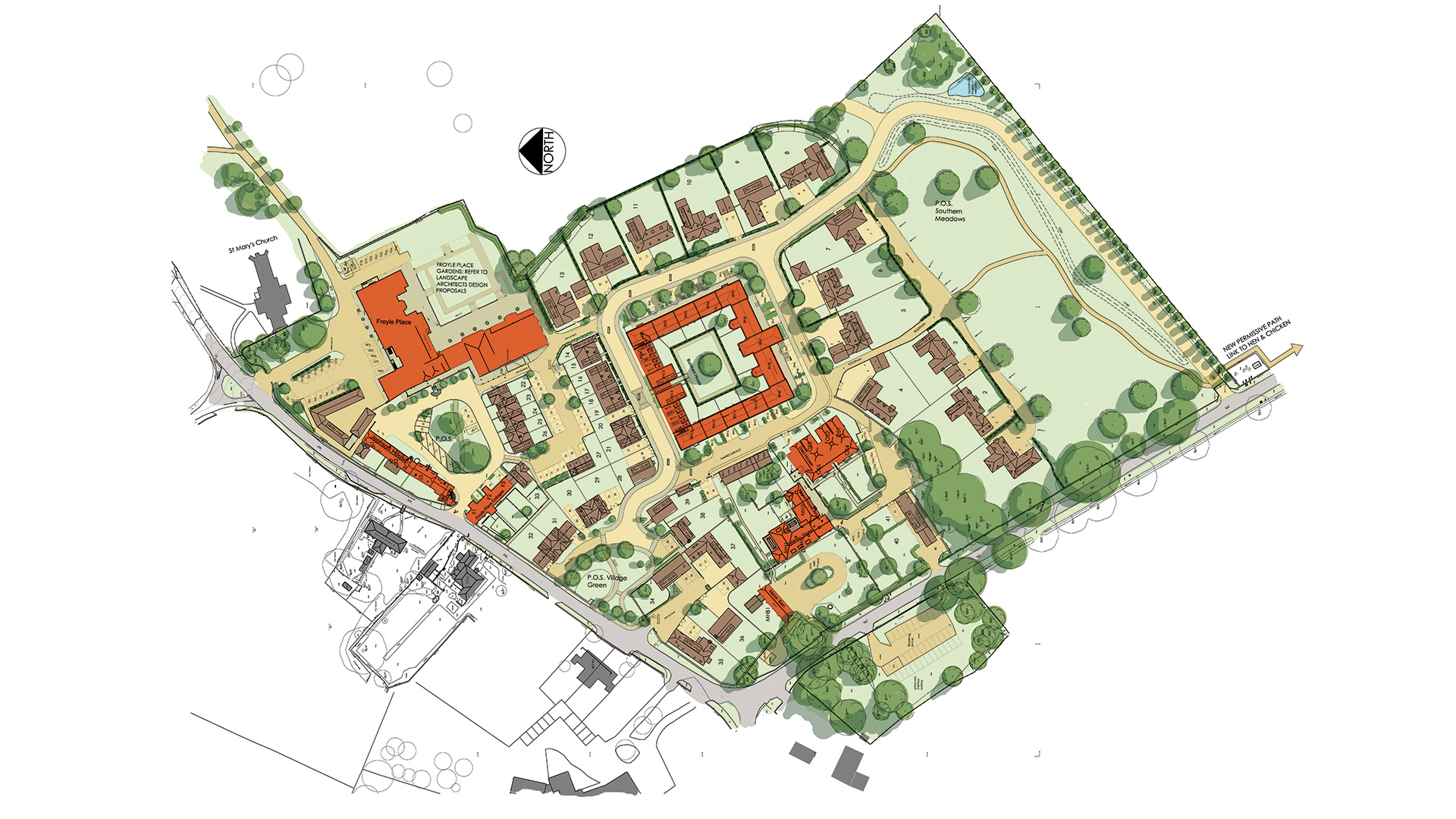 site plan of housing surrounded by green space