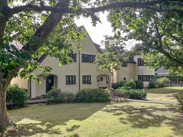 rear view of housing with pathways leading to entrances