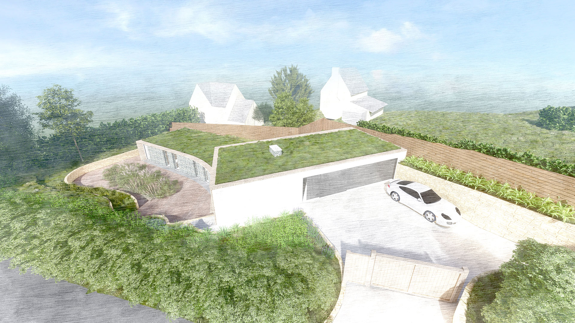 visual aerial of hidden house with parking and sedum roof