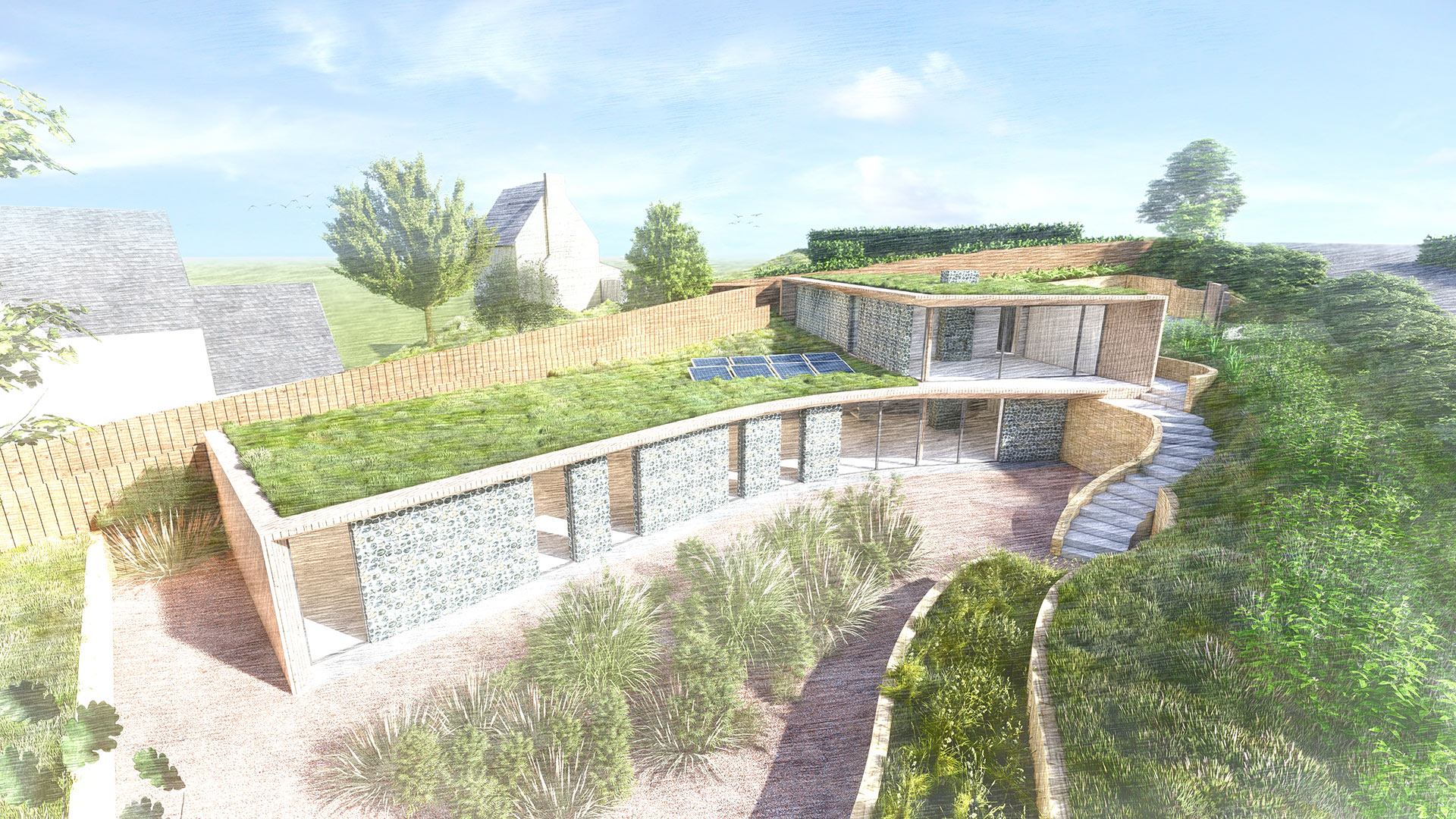 visual aerial of underground house with sedum roof