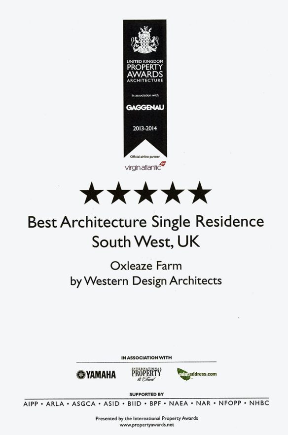 UK Property Awards certificate for Best Architecture Single Residence Oxleaze Farm Award 2013