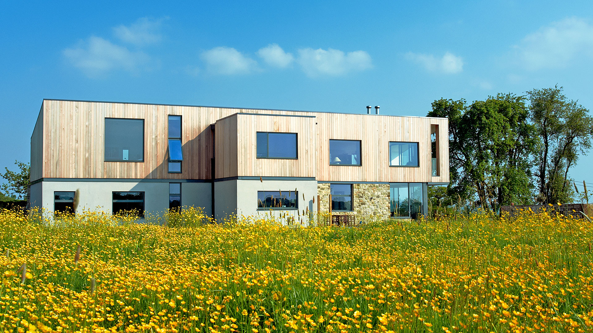 distance view of contemporary house with large windows and timber cladding