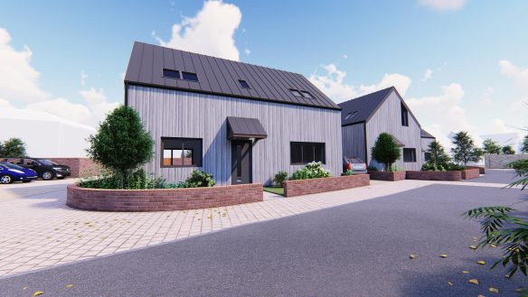 visual street view of contemporary housing with wood cladding