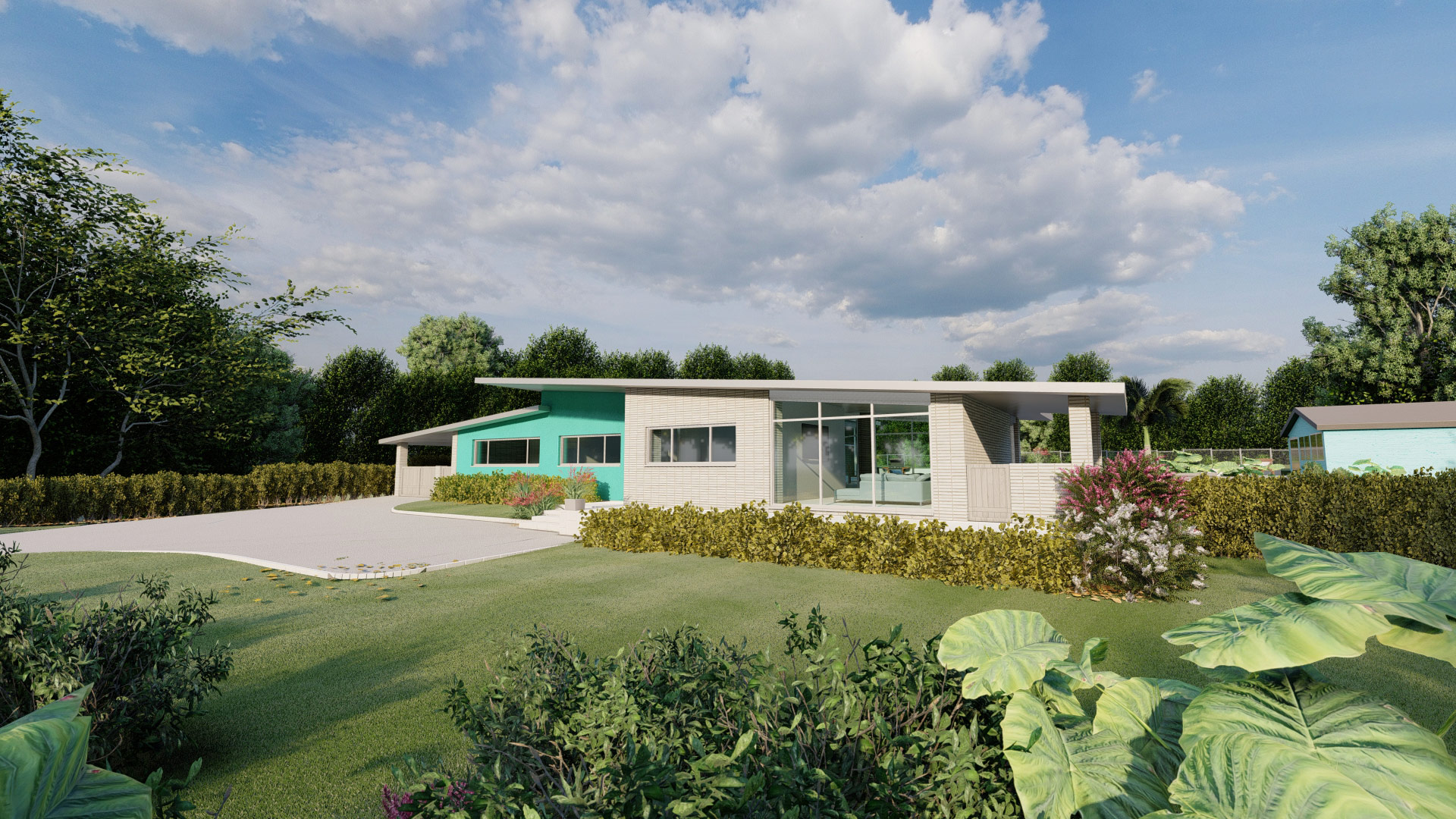 mid century Californian style house approach view