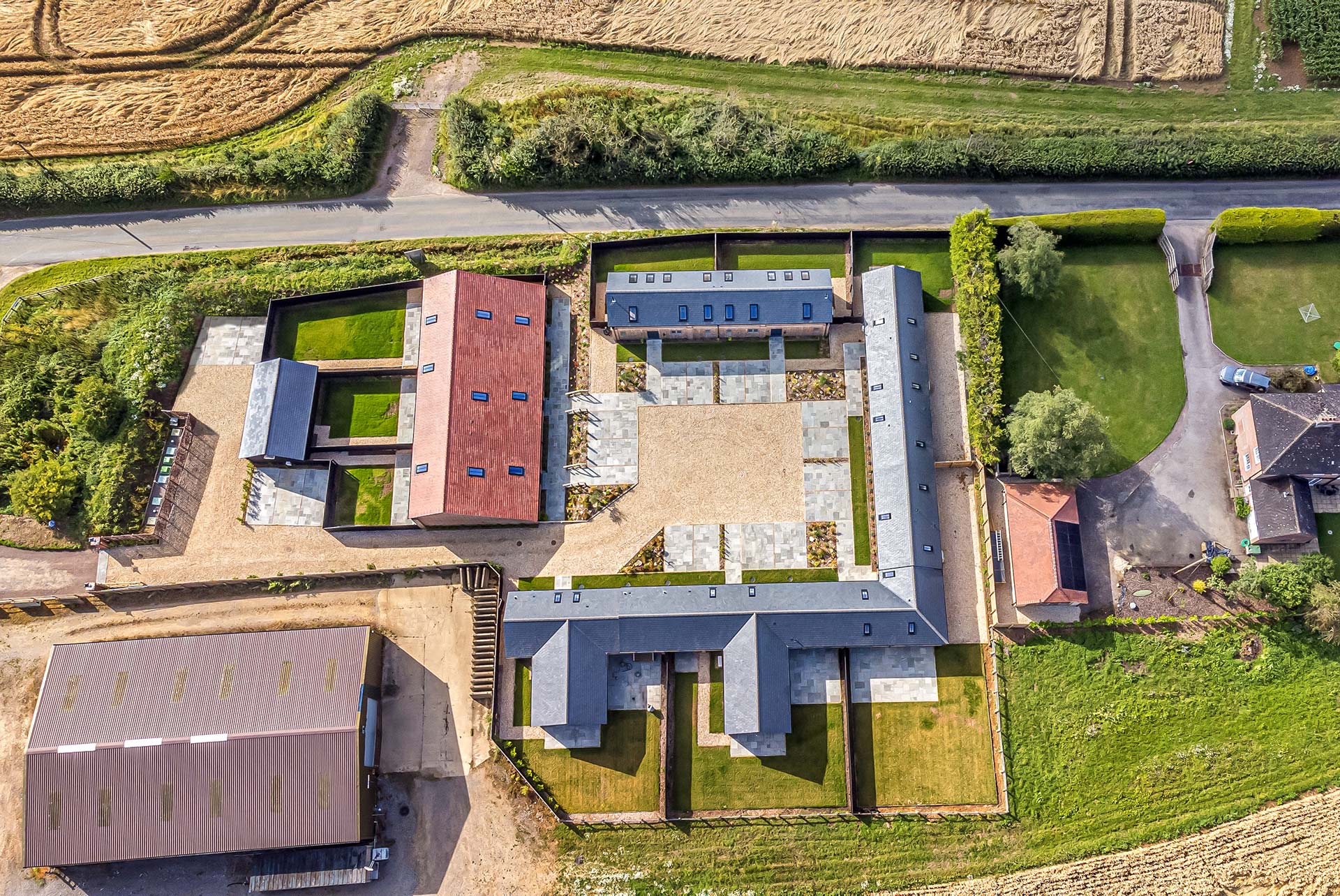 aerial photo of converted barns