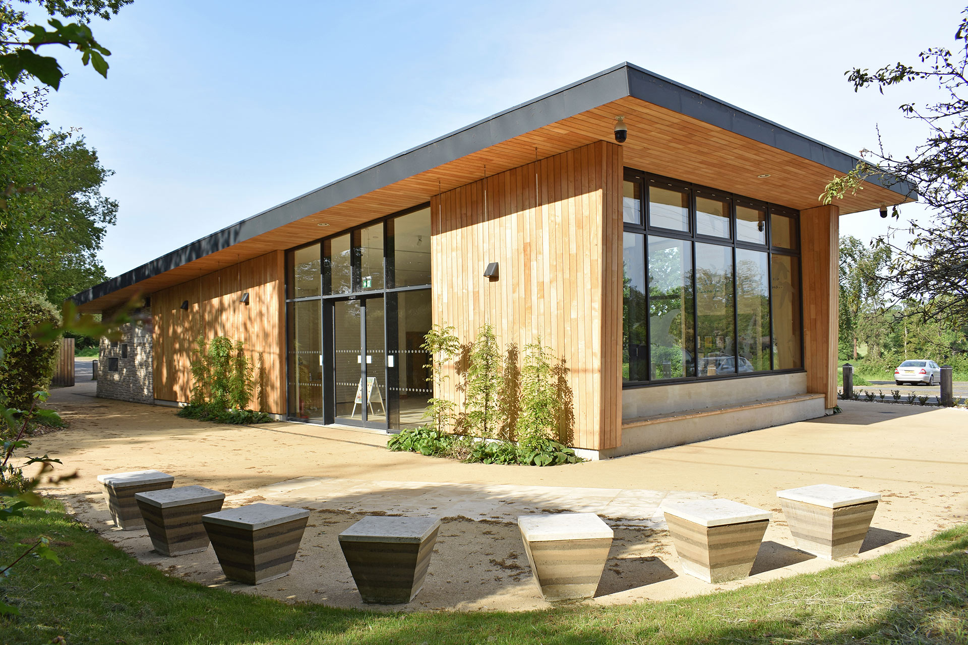 seating area outside wood clad welcome centre