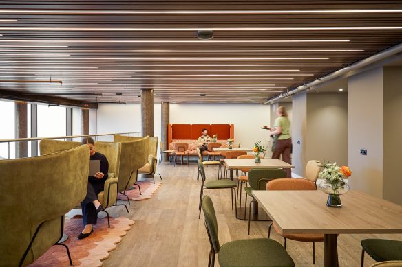 communal seating area with tables and chairs