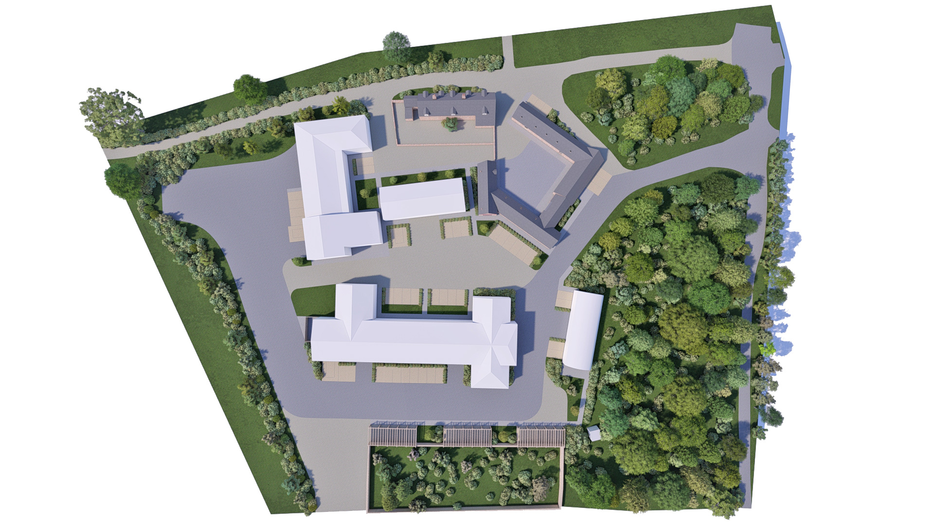 aerial visual diagram of converted farm buildings surrounded by trees