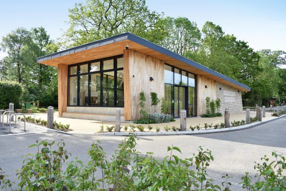 approach view to modern welcome centre with sloping roof