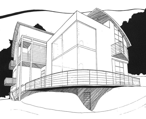 road side sketch scheme of modern house with large balcony