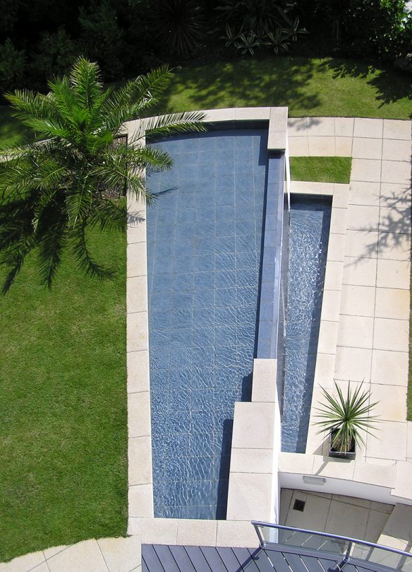 aerial view of large water feature in garden