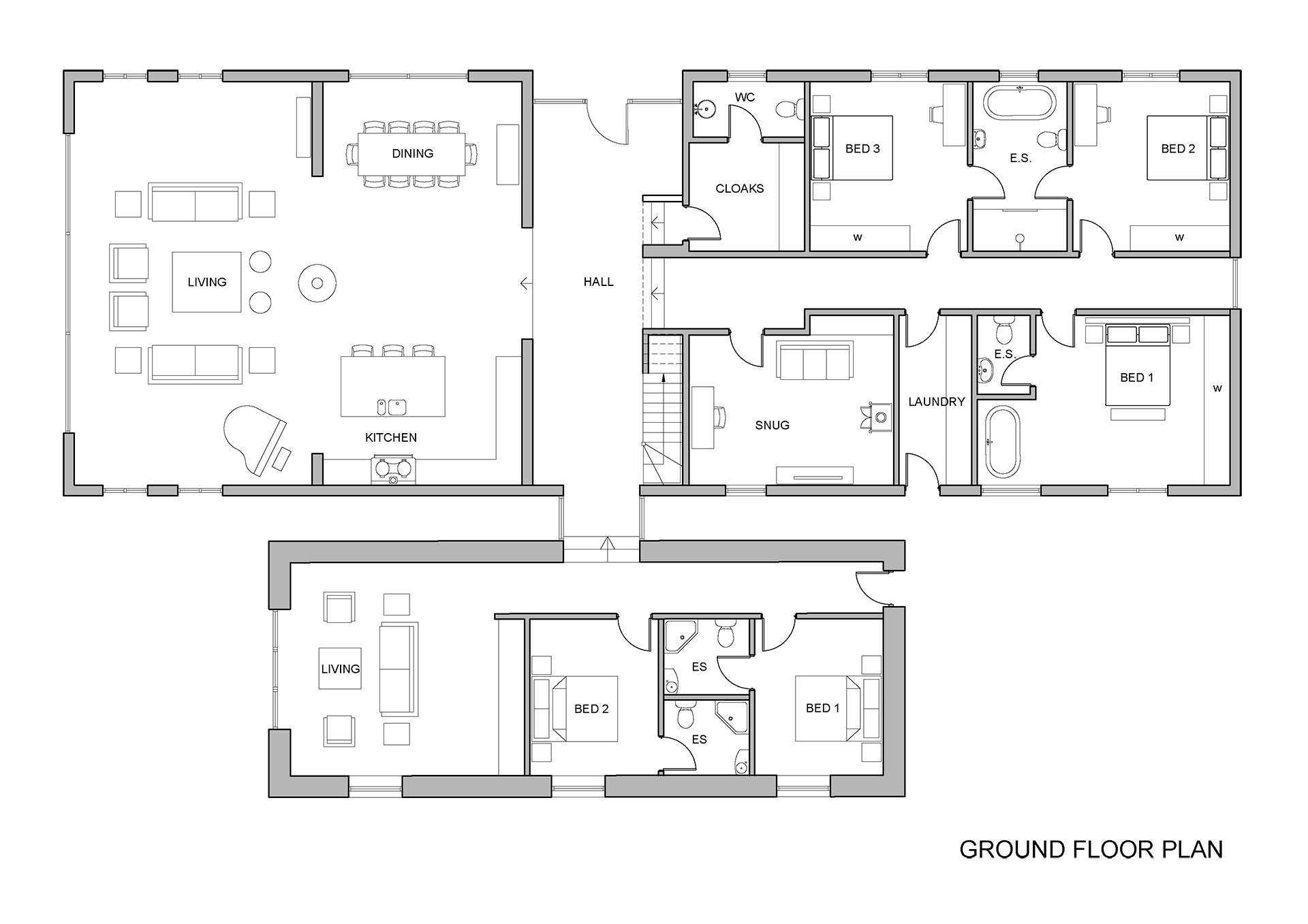 ground floor plan of converted dairy buildings into residential
