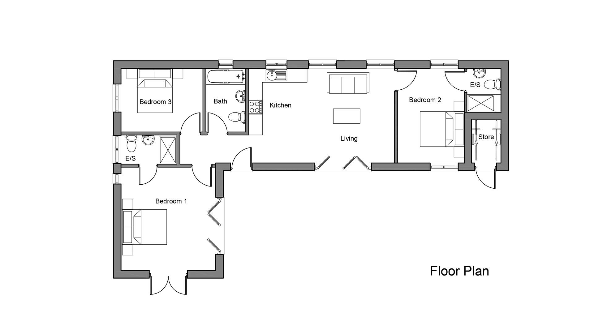 floor plan of 3 bedroom house with open plan living kitchen area
