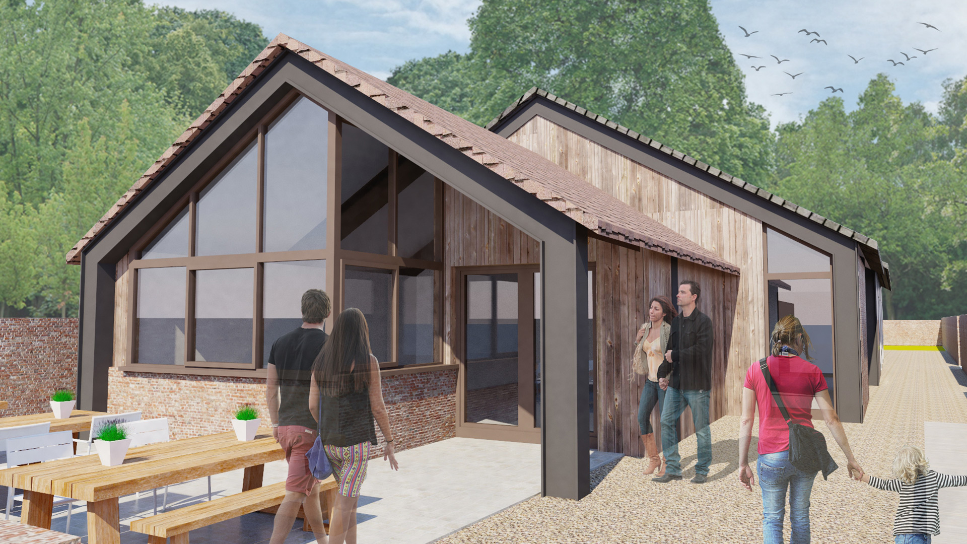 visual of proposed barn with timber cladding and large windows