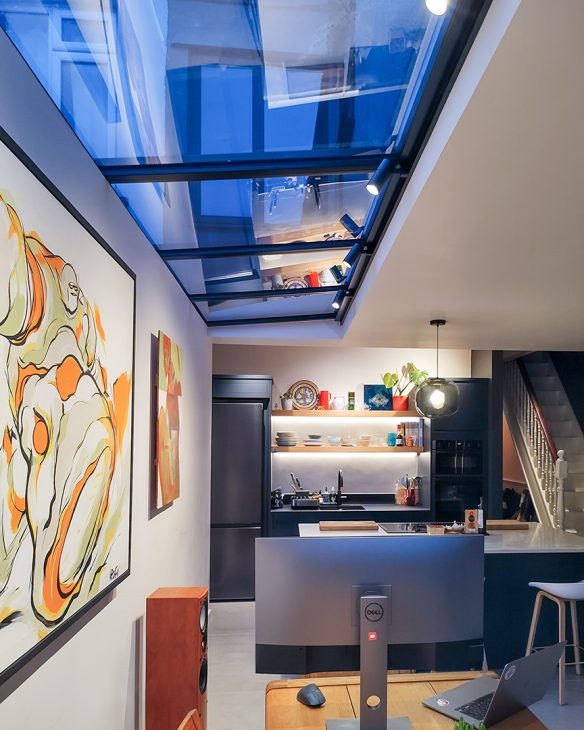 detail photo of rooflights above modern kitchen and living area