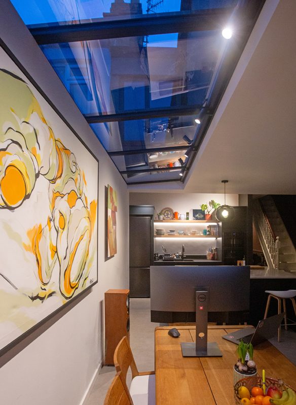 detail photo of rooflights above modern kitchen and living area