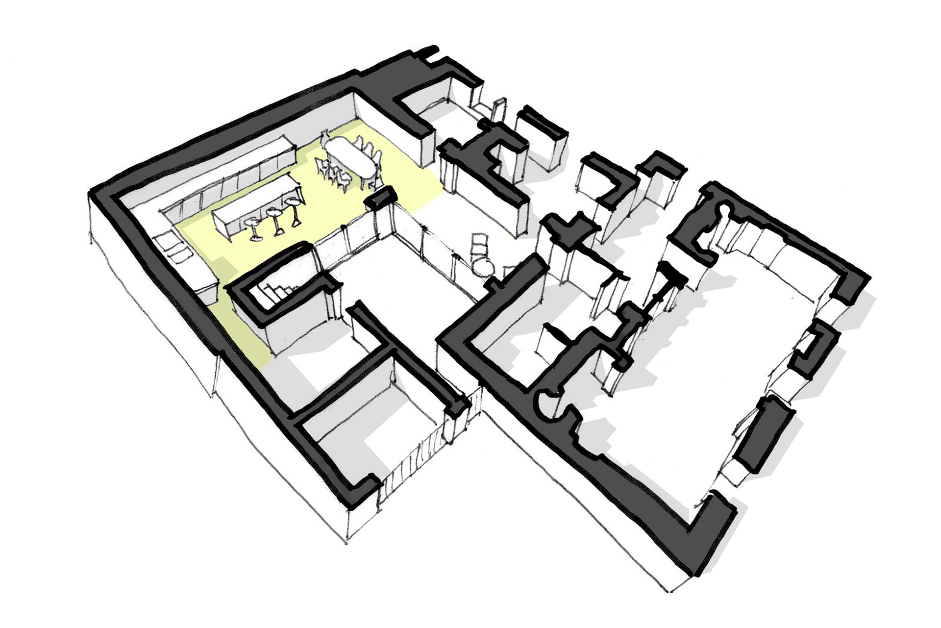 visual sketch of ground floor plan of house
