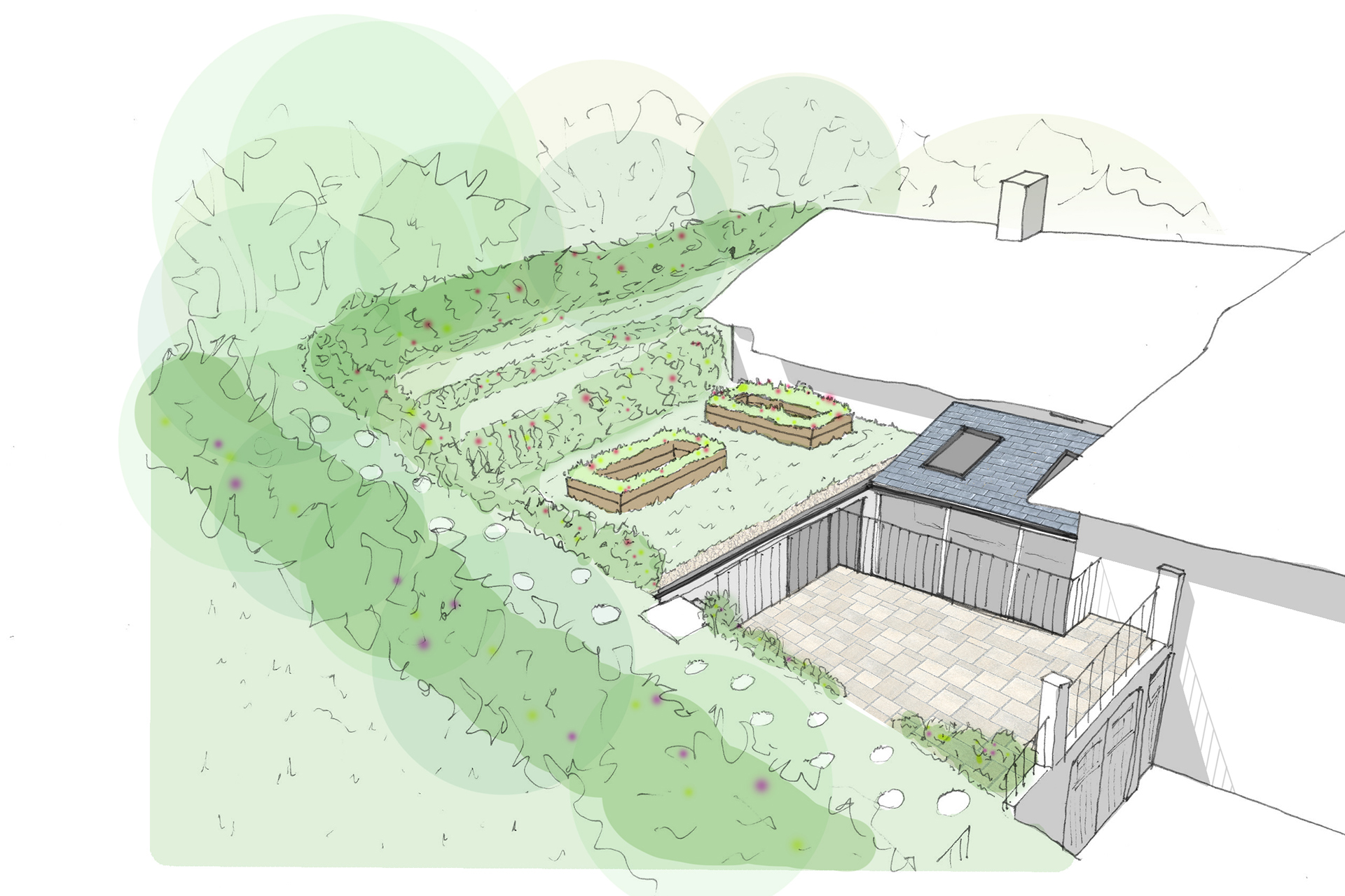 visual sketch of house and rear garden with green roof