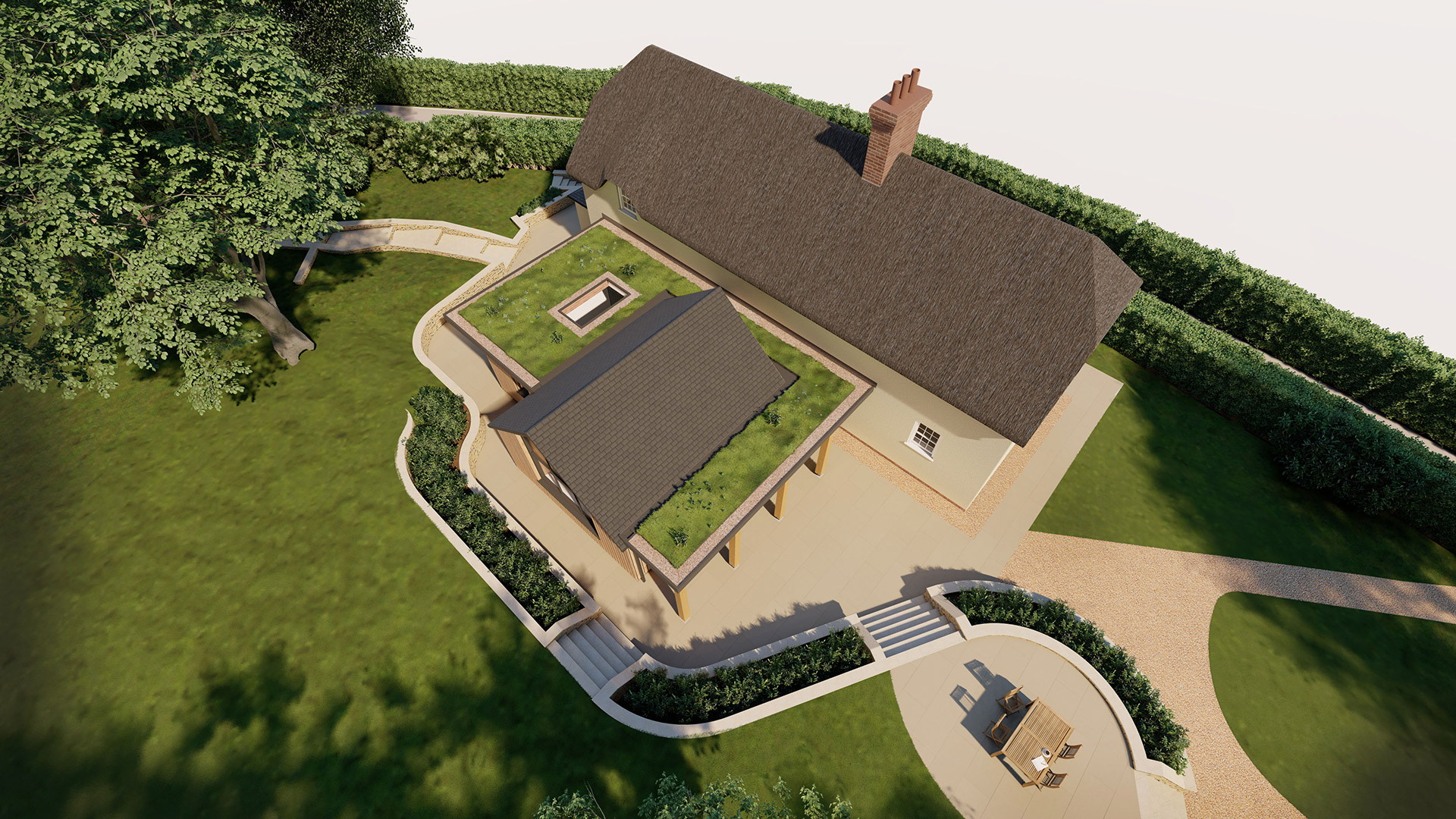 visual aerial of thatched house with extension