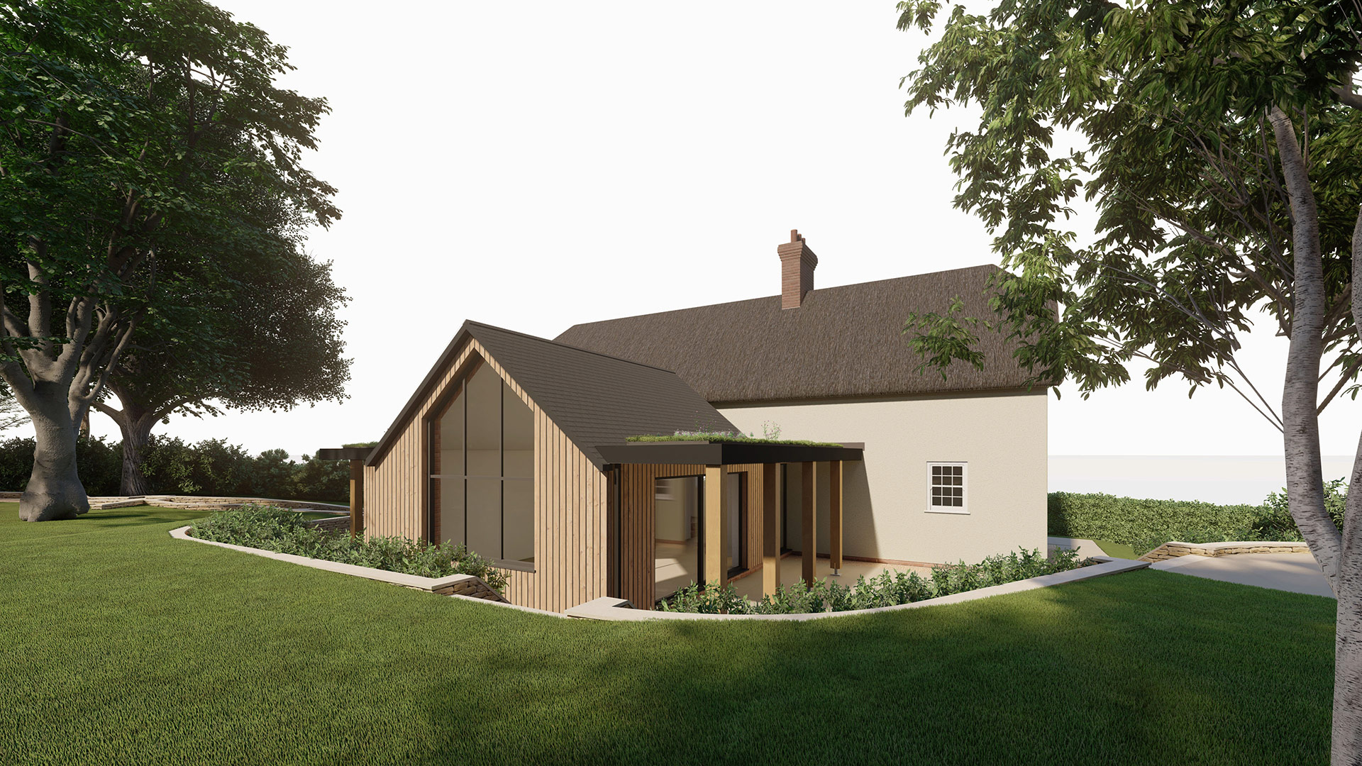 rear view visual of timber clad extension on thatched house