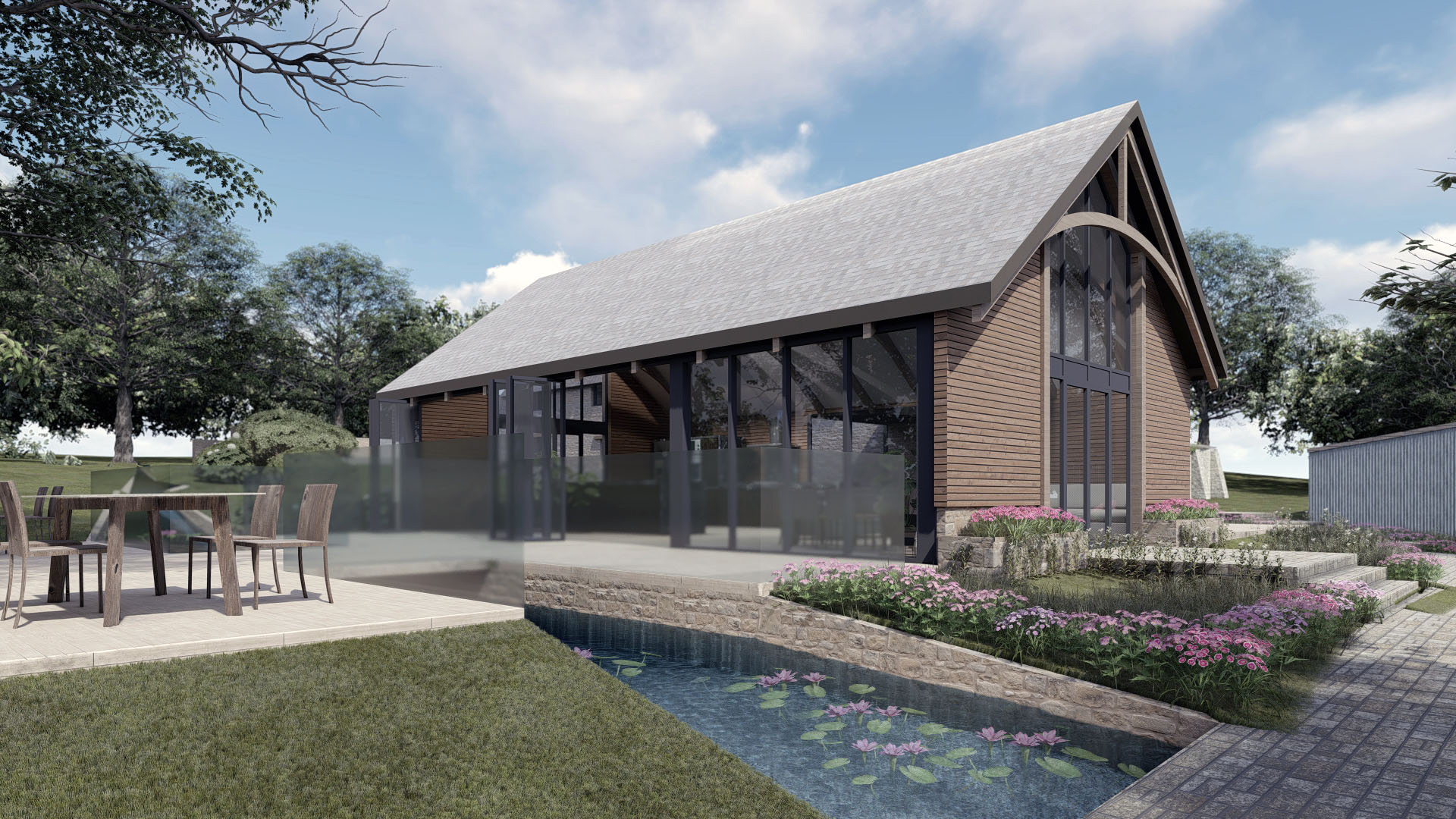 visual front view of new barn with sliding glass doors leading to garden