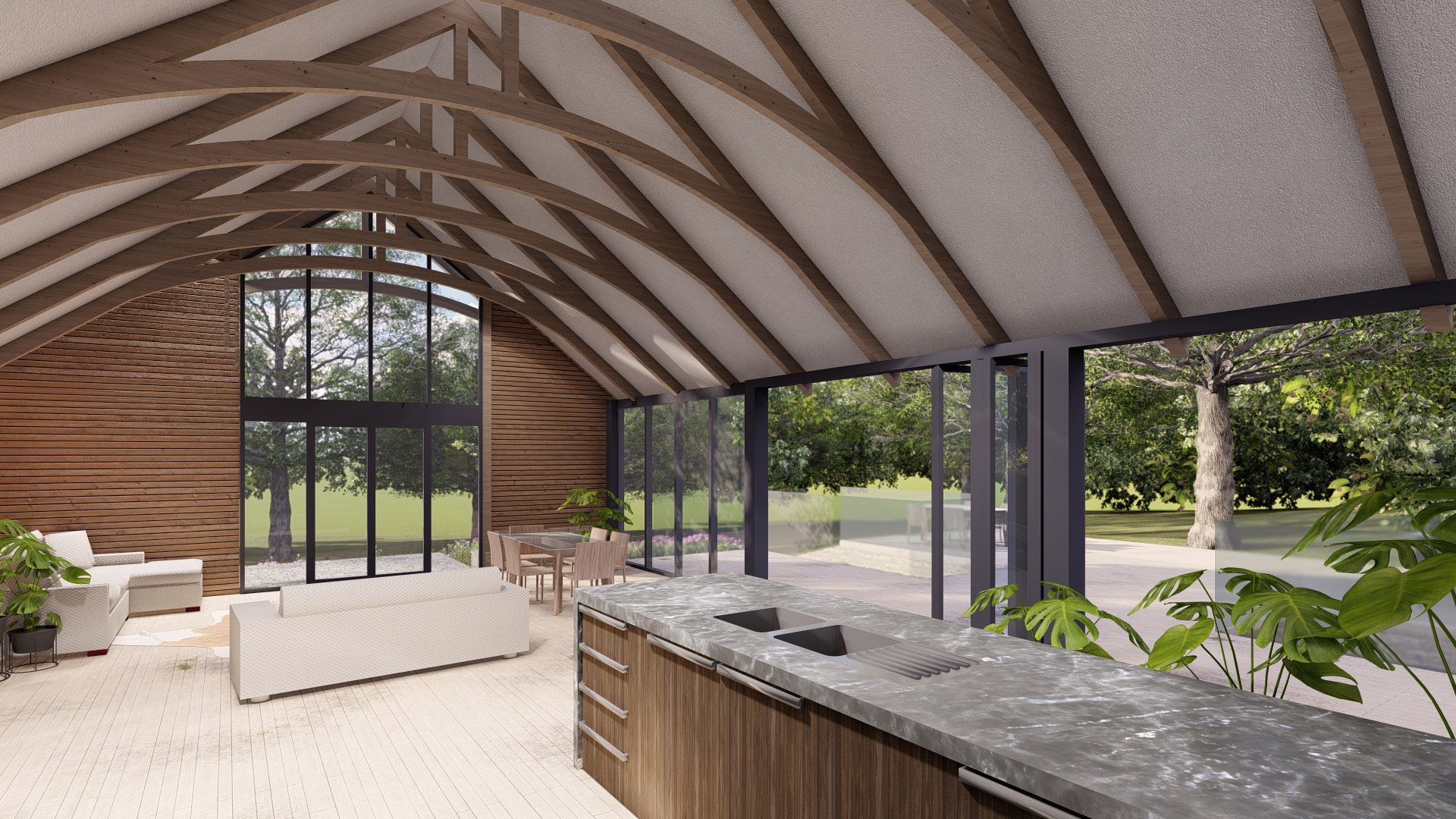 interior visual of living and kitchen room with a vaulted ceiling and exposed beams