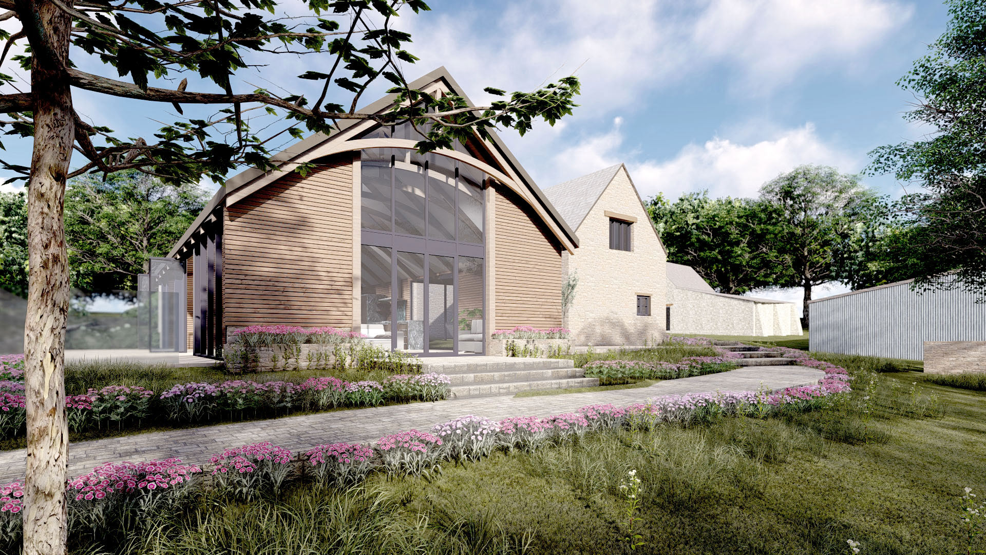 visual of entrance view to barn conversion and extension with timber