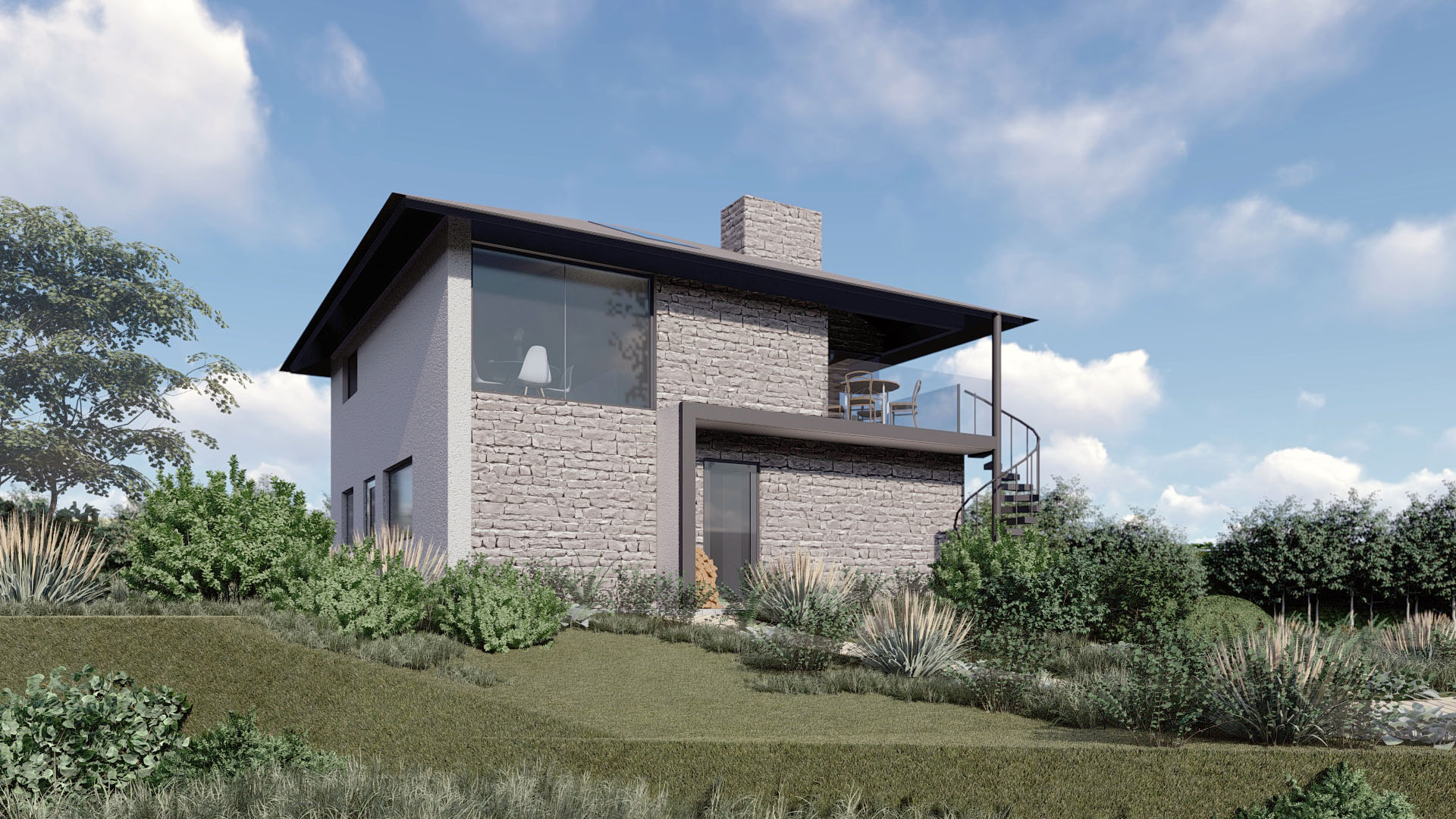 visual of exterior of house with render stone wall