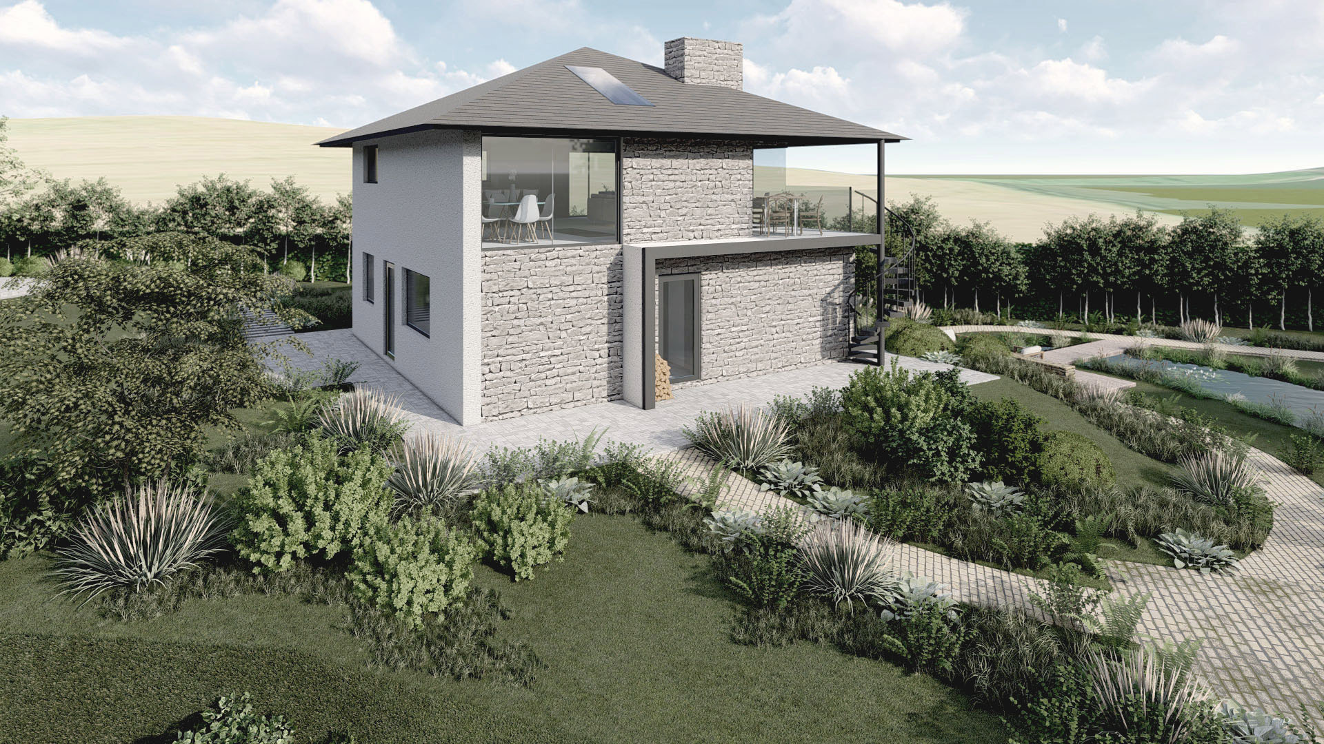 visual of approach view to house with rendered wall and balcony