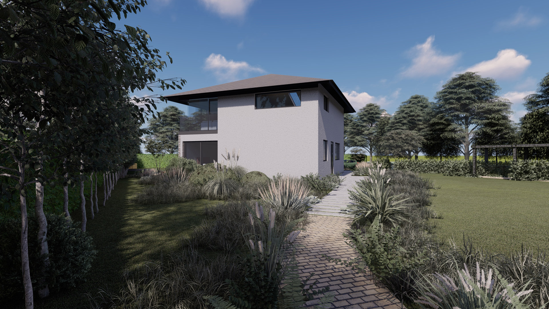 visual exterior of approach to house with brick path