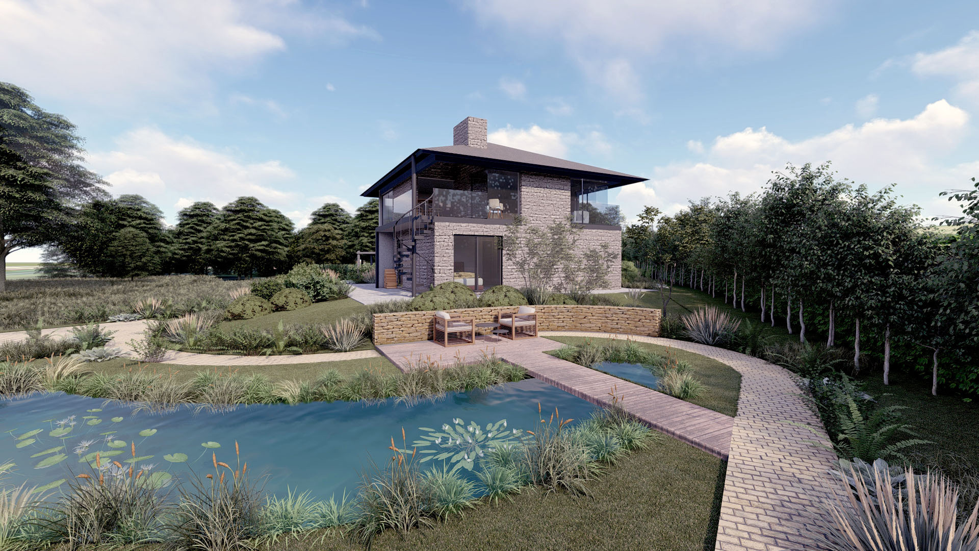 visual of landscaped garden and contemporary house with outside stairs