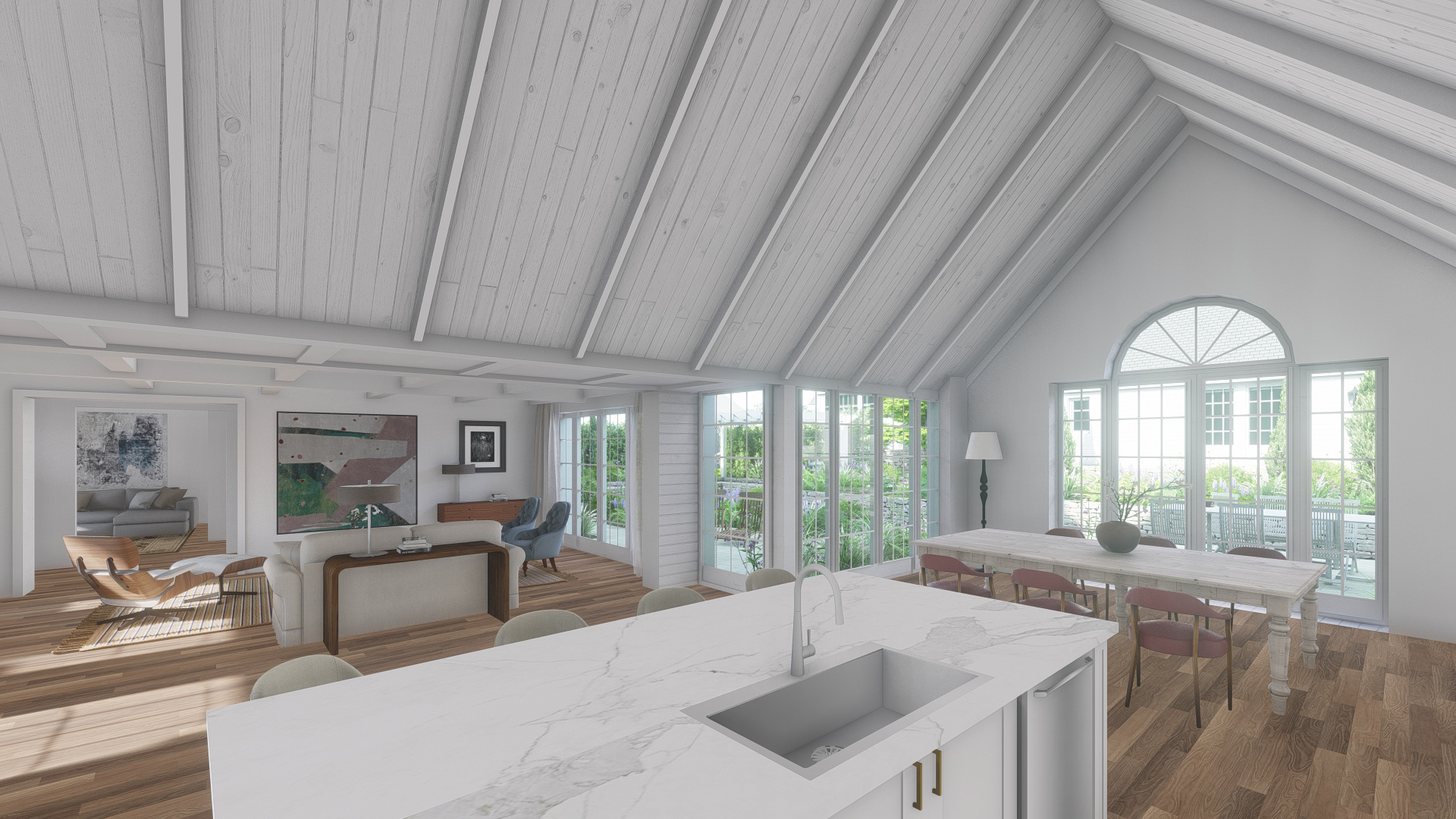 interior visual of open plan contemporary kitchen dining living area