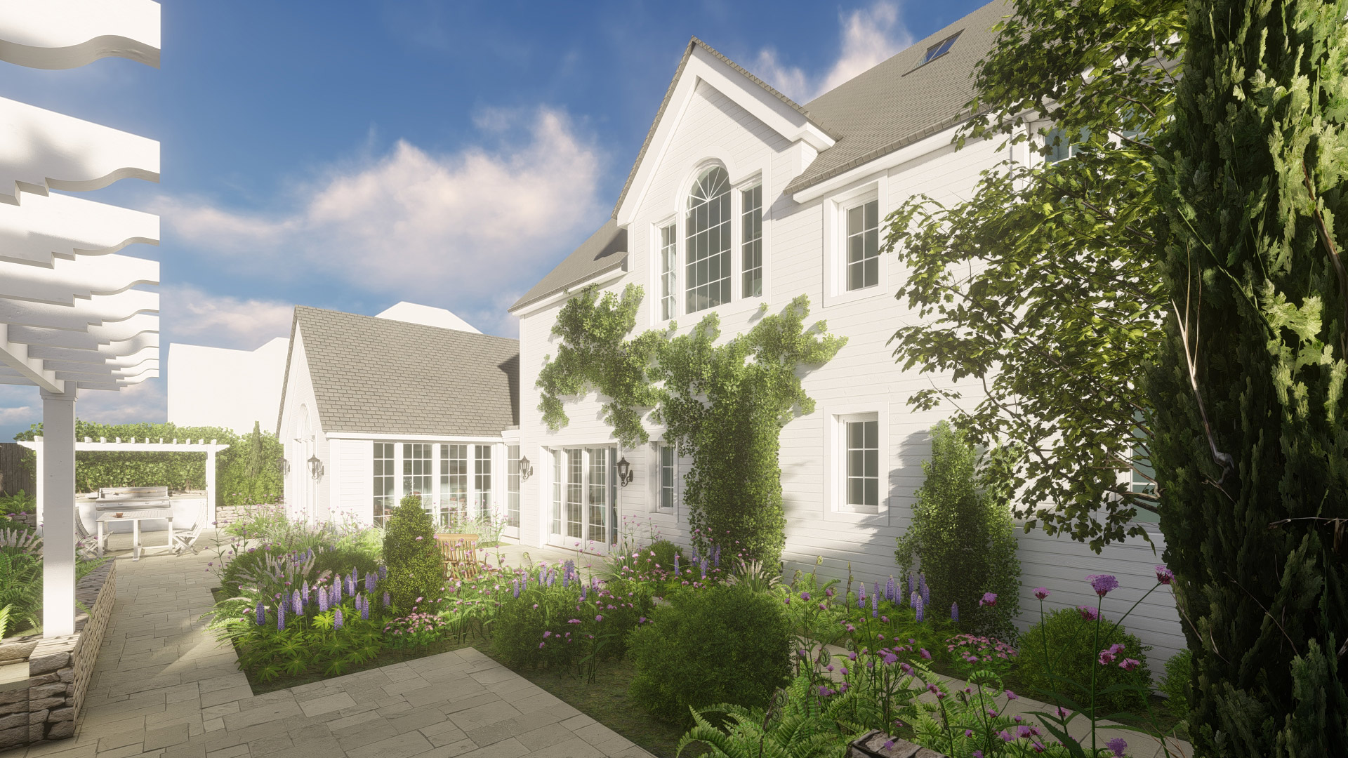 visual of new England style house with white timber cladding