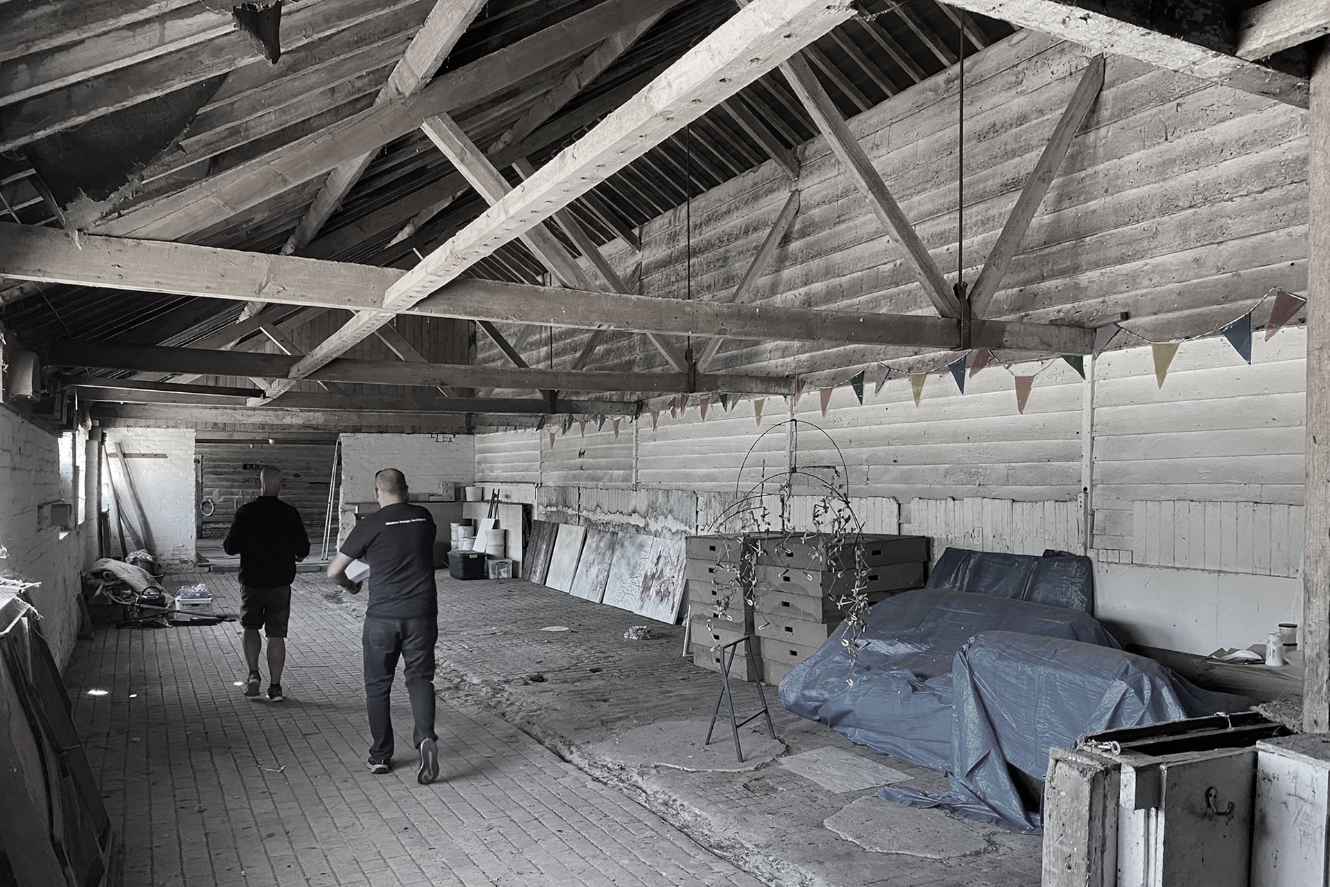 before photo of music studio with exposed beams