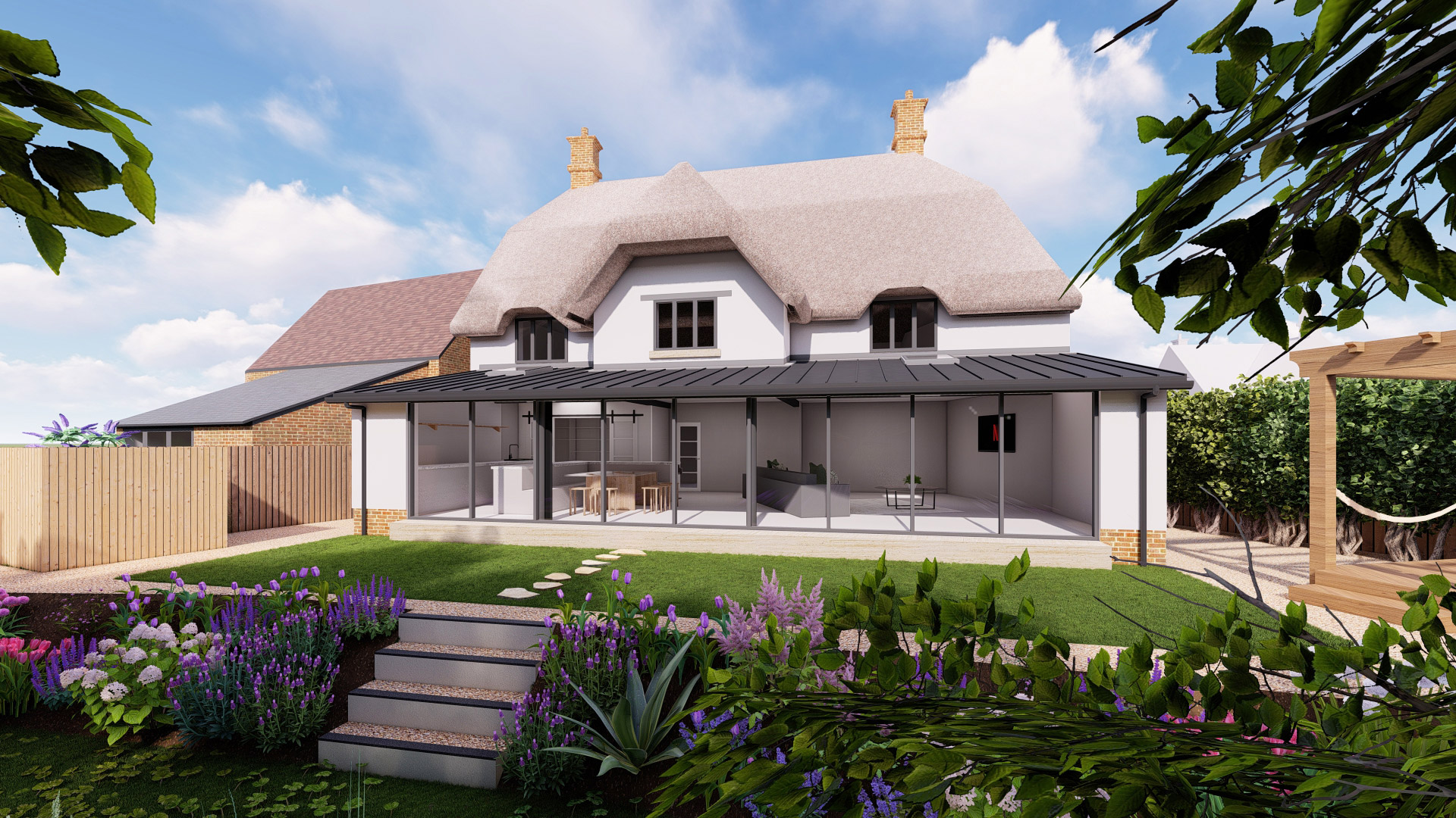 visual of rear view of thatched house with extension and garden in daylight