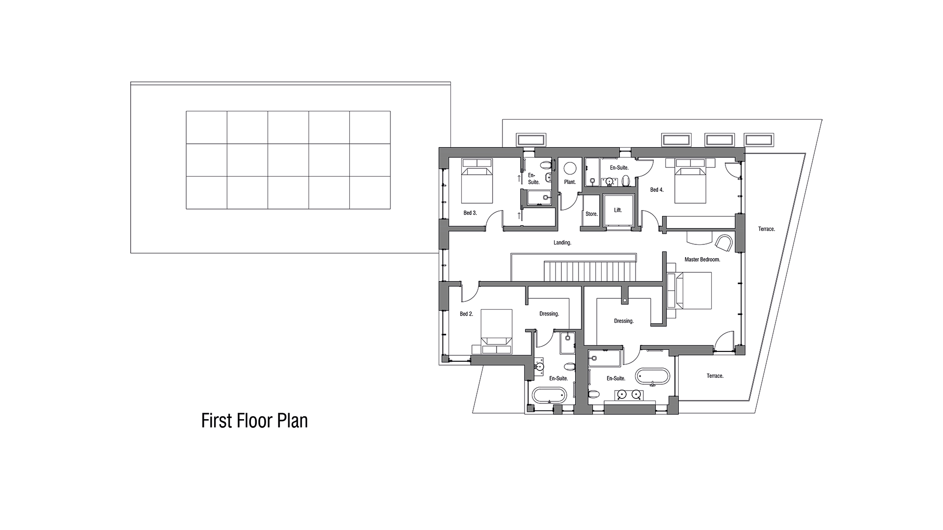 First floor plan of detached house with swimming pool outside