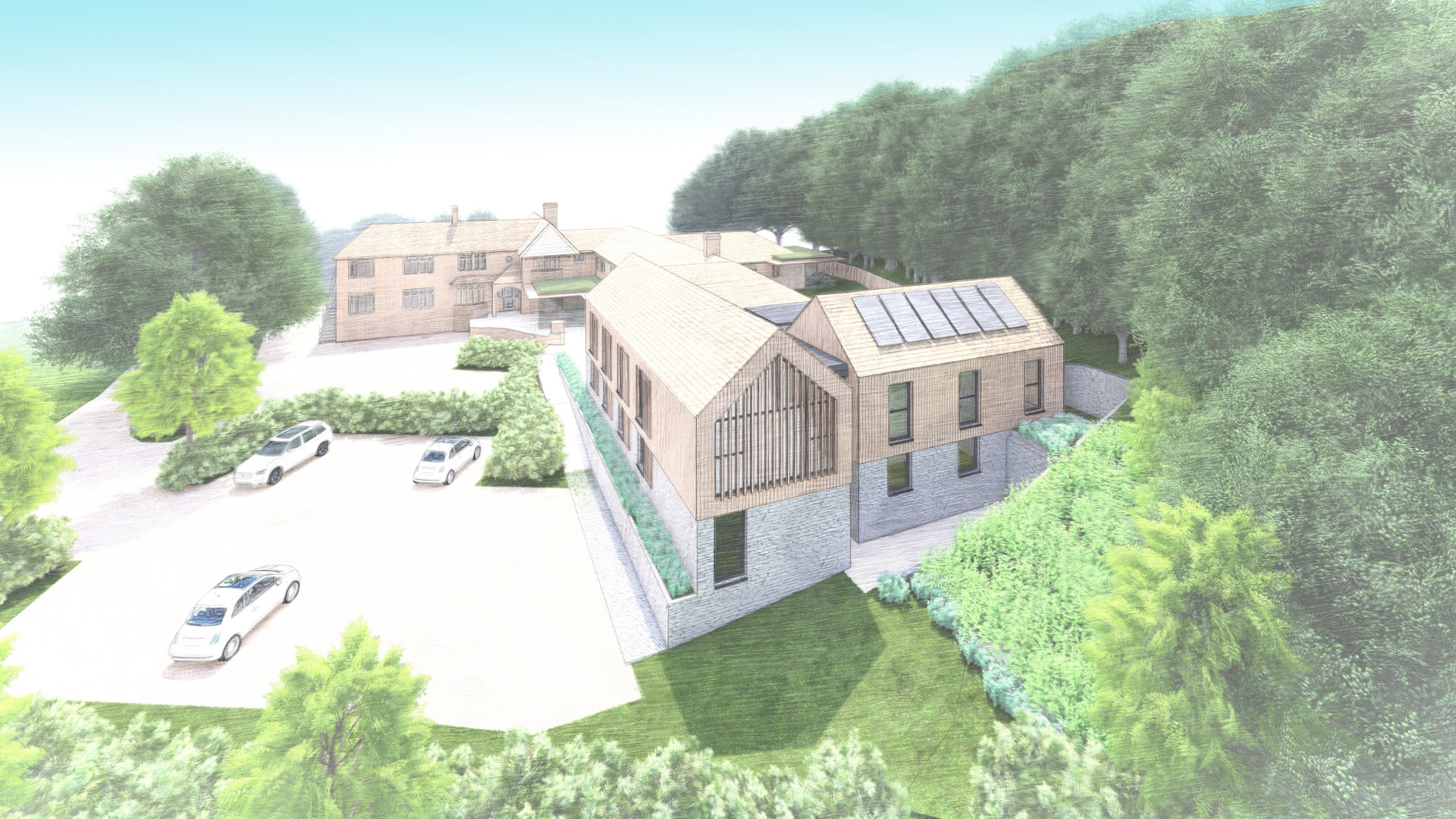 Aerial visual of contemporary extension to care home with wood cladding