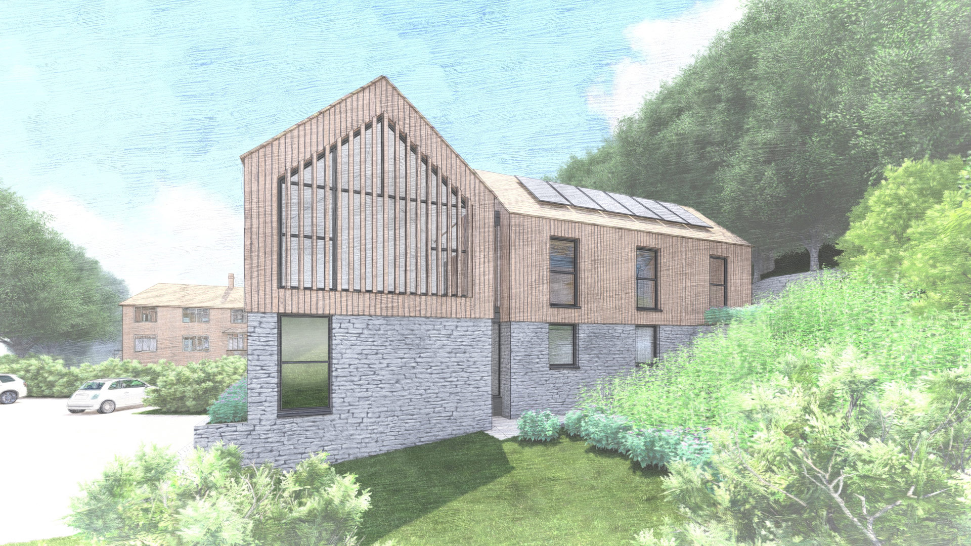 Visual of contemporary extension to care home with wood cladding