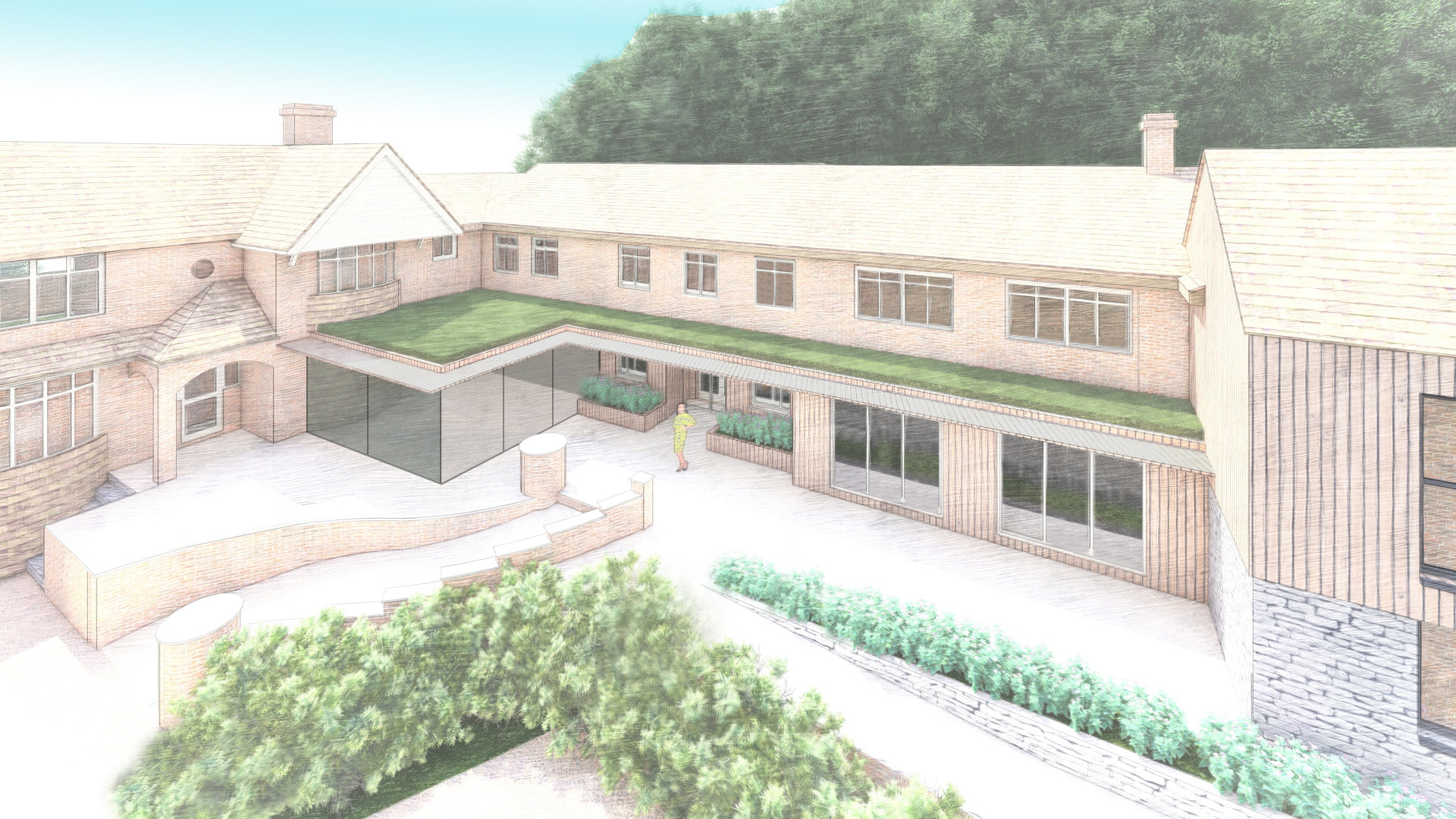 Aerial visual of contemporary extension to care home with wood cladding