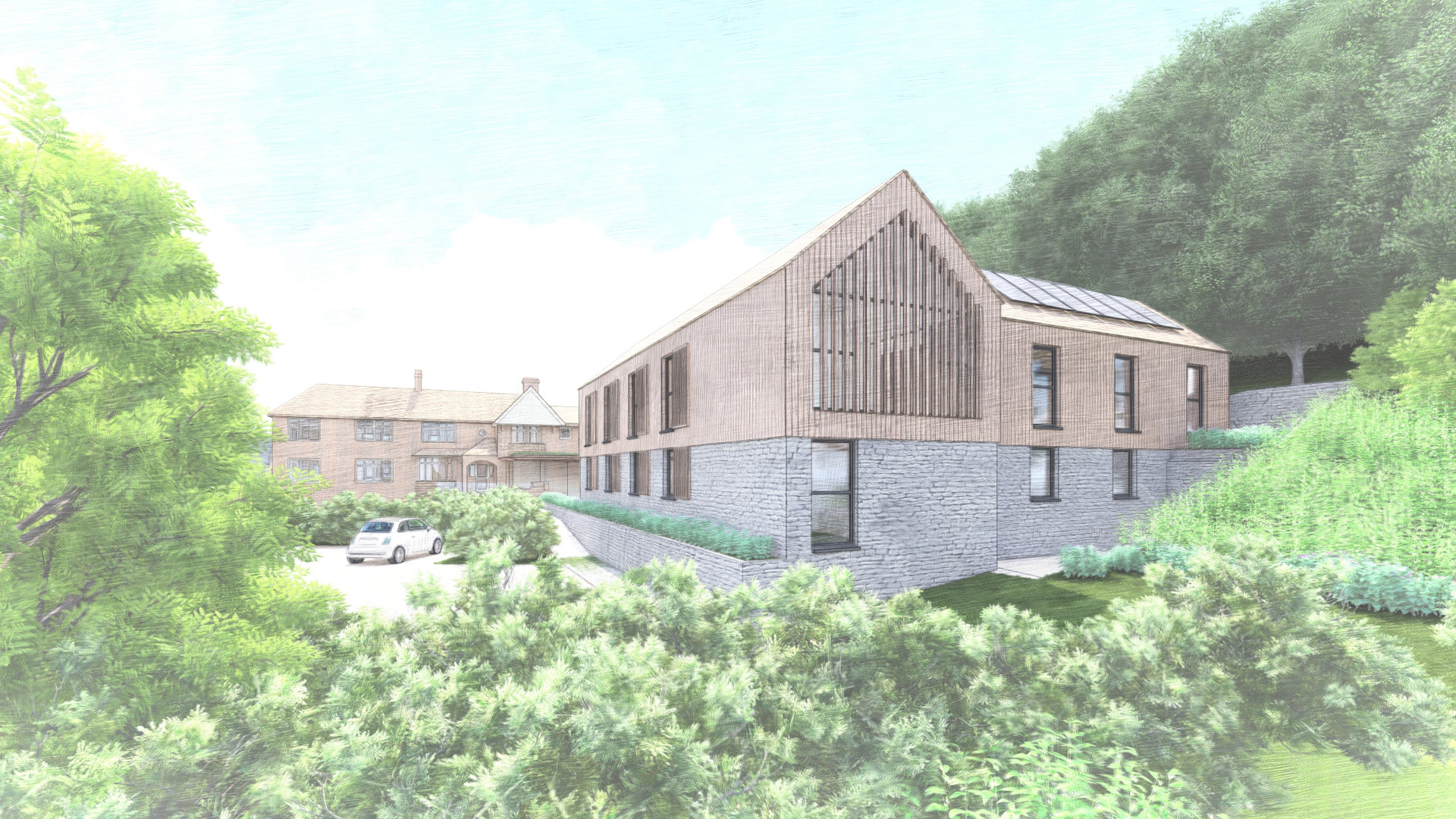 Visual of contemporary extension to care home with wood cladding and stone walls