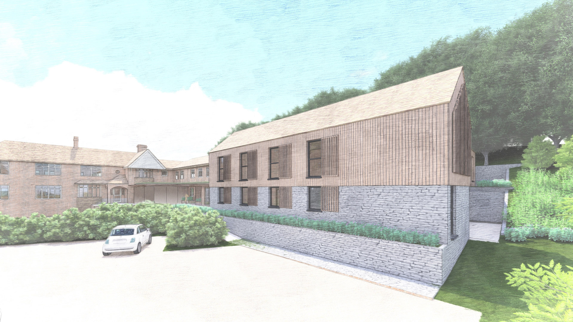 Visual of contemporary extension to care home with wood cladding and stone wall with large car parking area in front