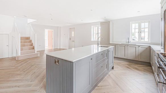 Open plan modern kitchen with island