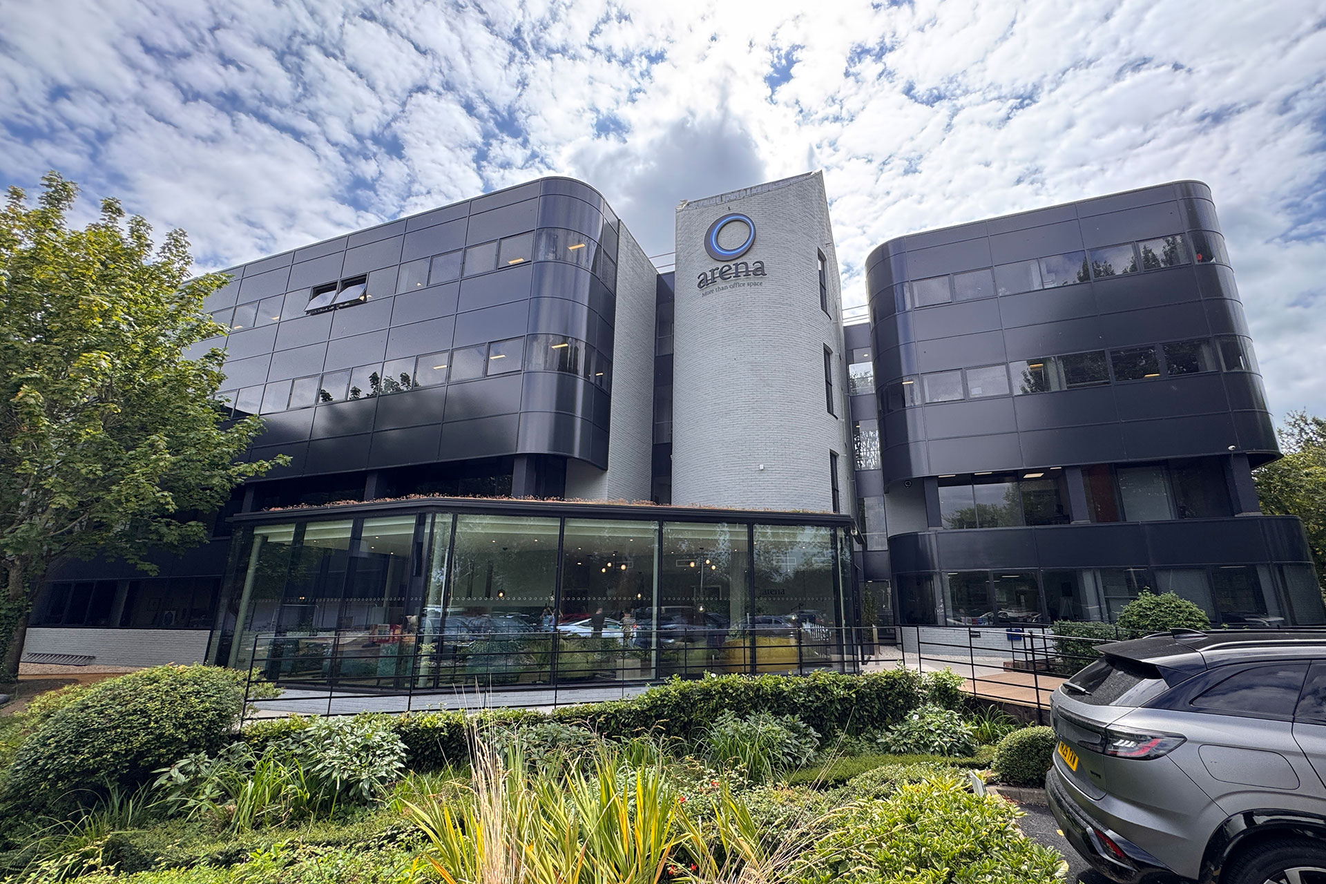 Contemporary office building with glass front reception area